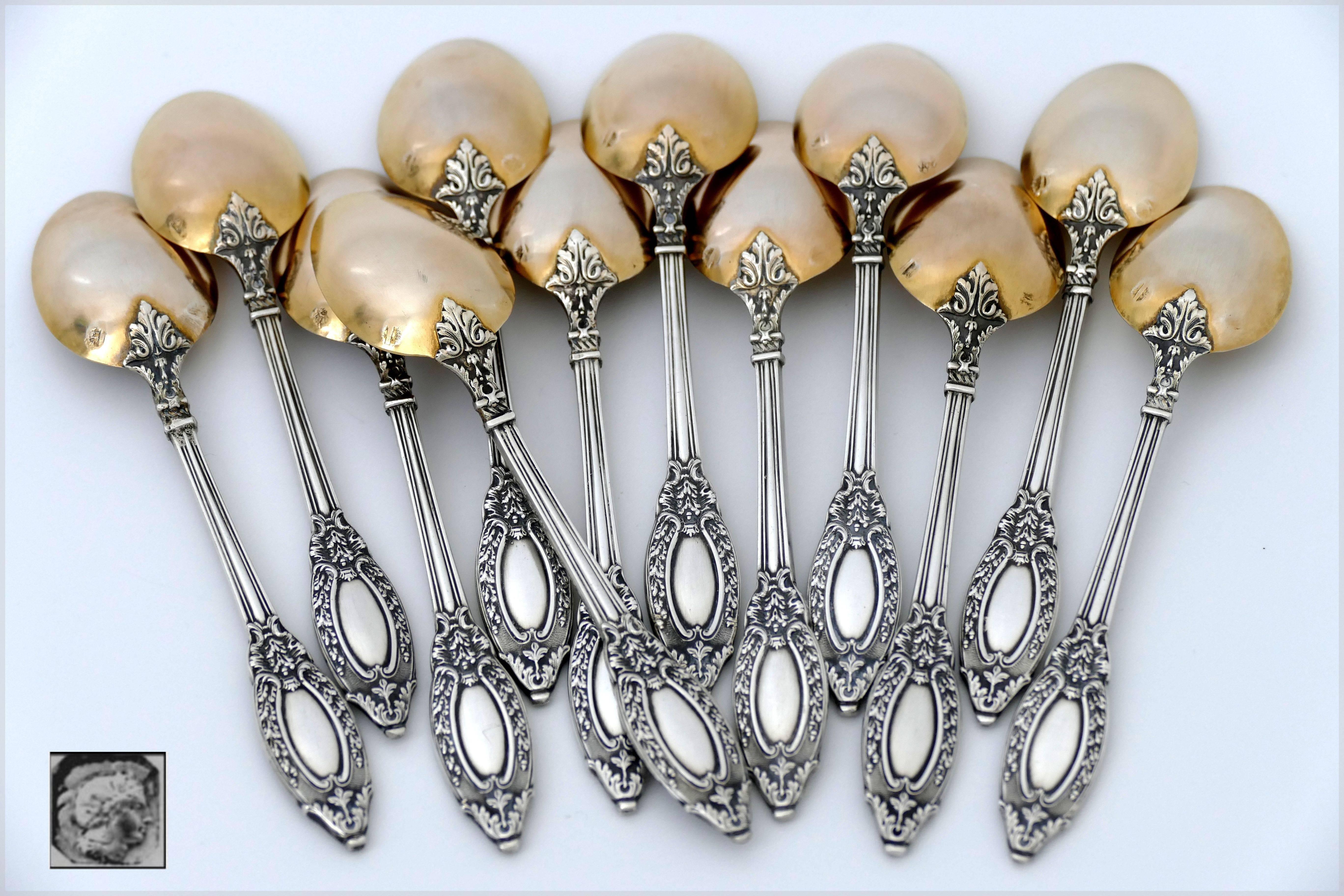 French Sterling Silver 18-Karat Gold Tea Service Tea Spoons Strainer Sugar Tong For Sale 2