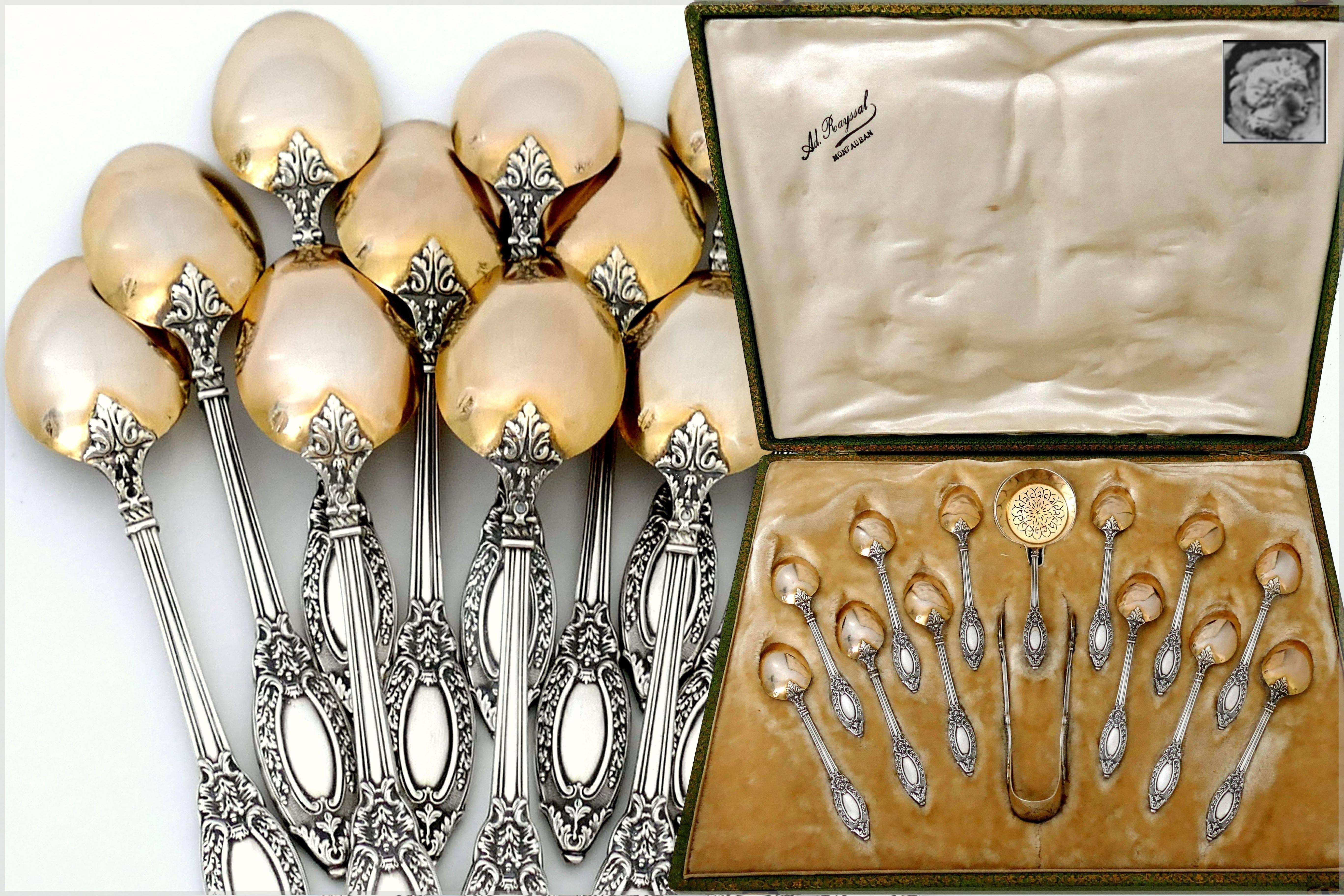 Early 20th Century French Sterling Silver 18-Karat Gold Tea Service Tea Spoons Strainer Sugar Tong For Sale