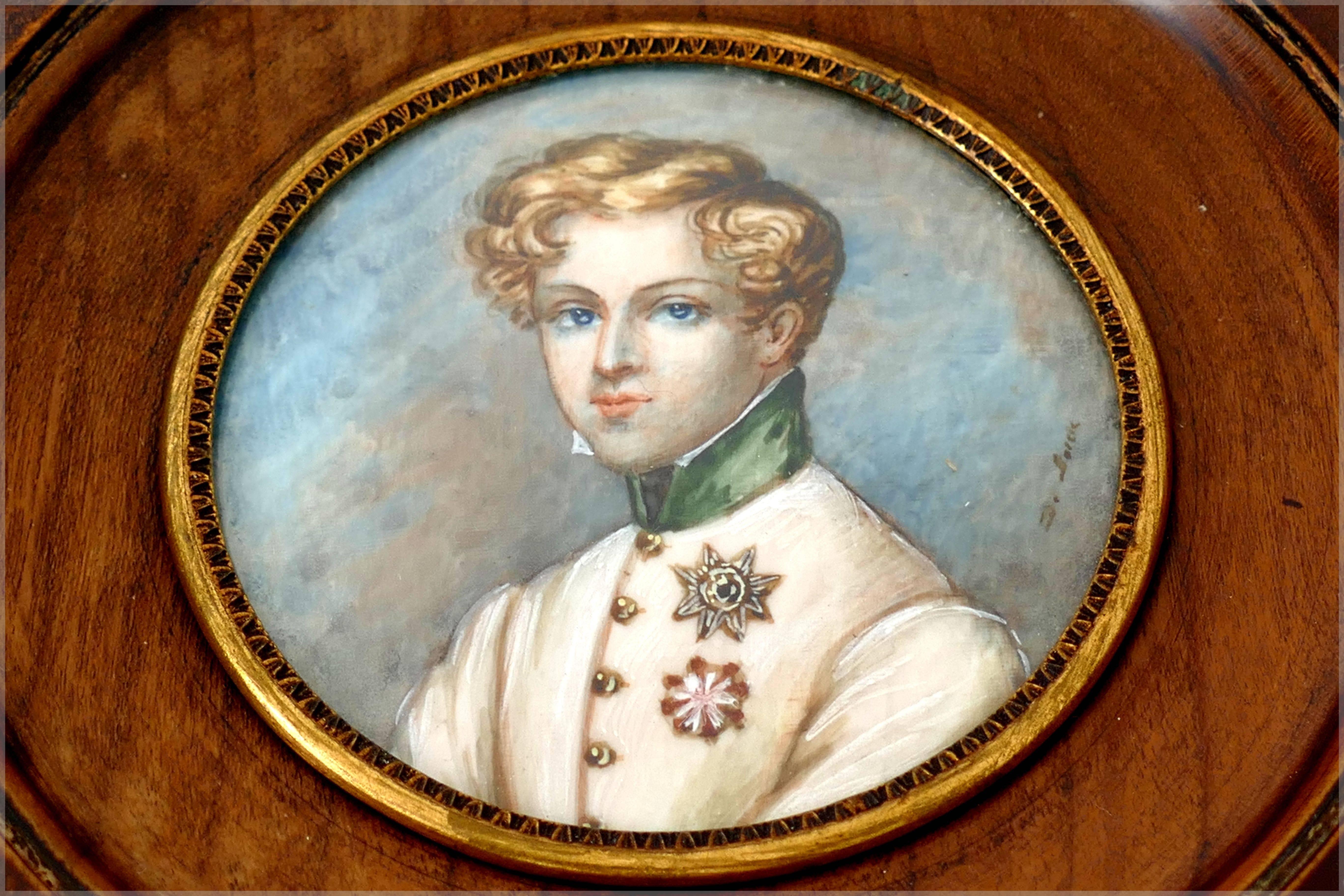 Wood Antique French Miniature Painting Signed, Portrait Napoleon Bonaparte's Son
