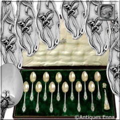 French Sterling Silver 18k Gold Tea Dessert Spoons Set, Sugar Tongs, Iris, Box