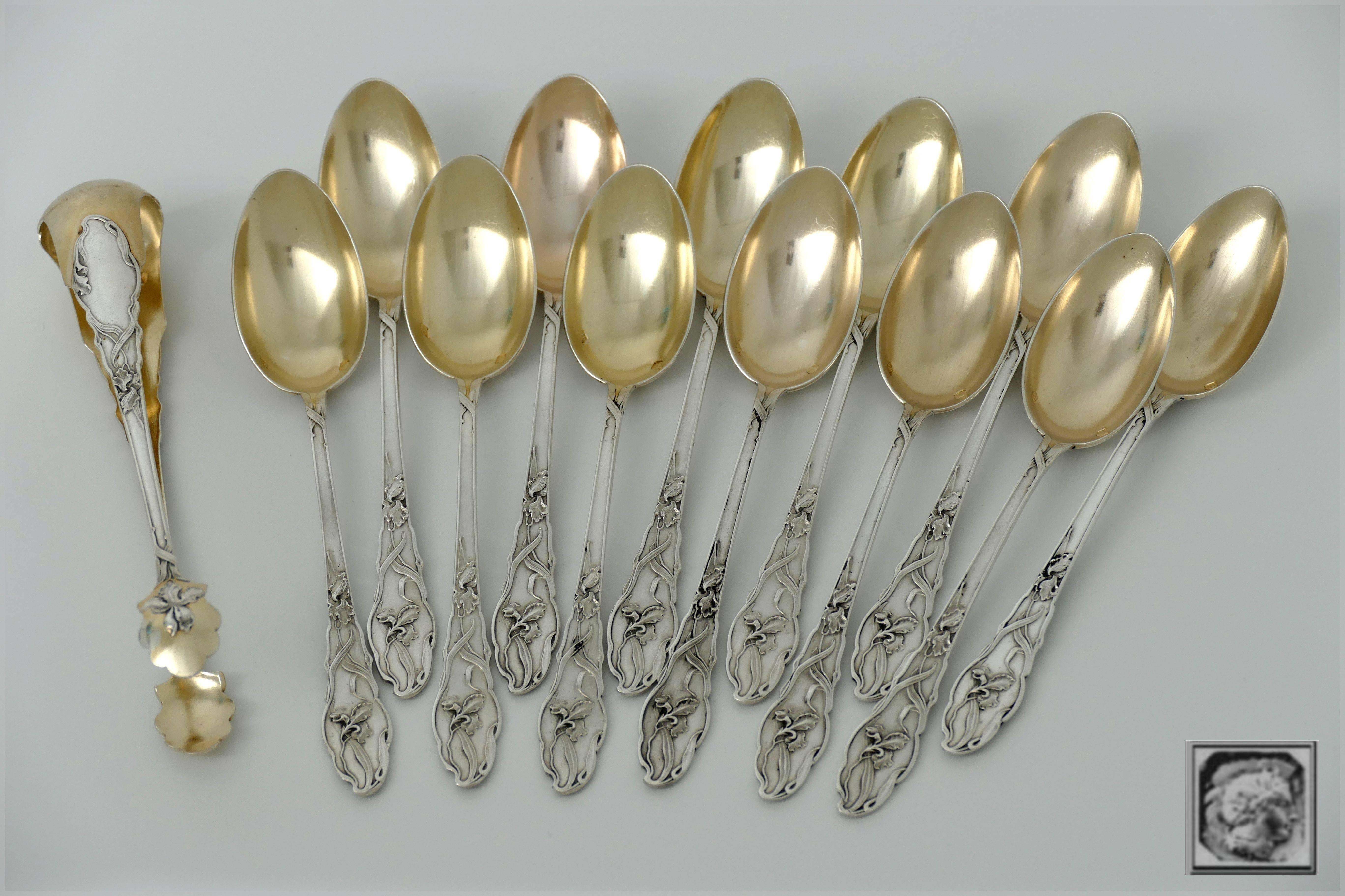Art Nouveau French Sterling Silver 18k Gold Tea Dessert Spoons Set, Sugar Tongs, Iris, Box