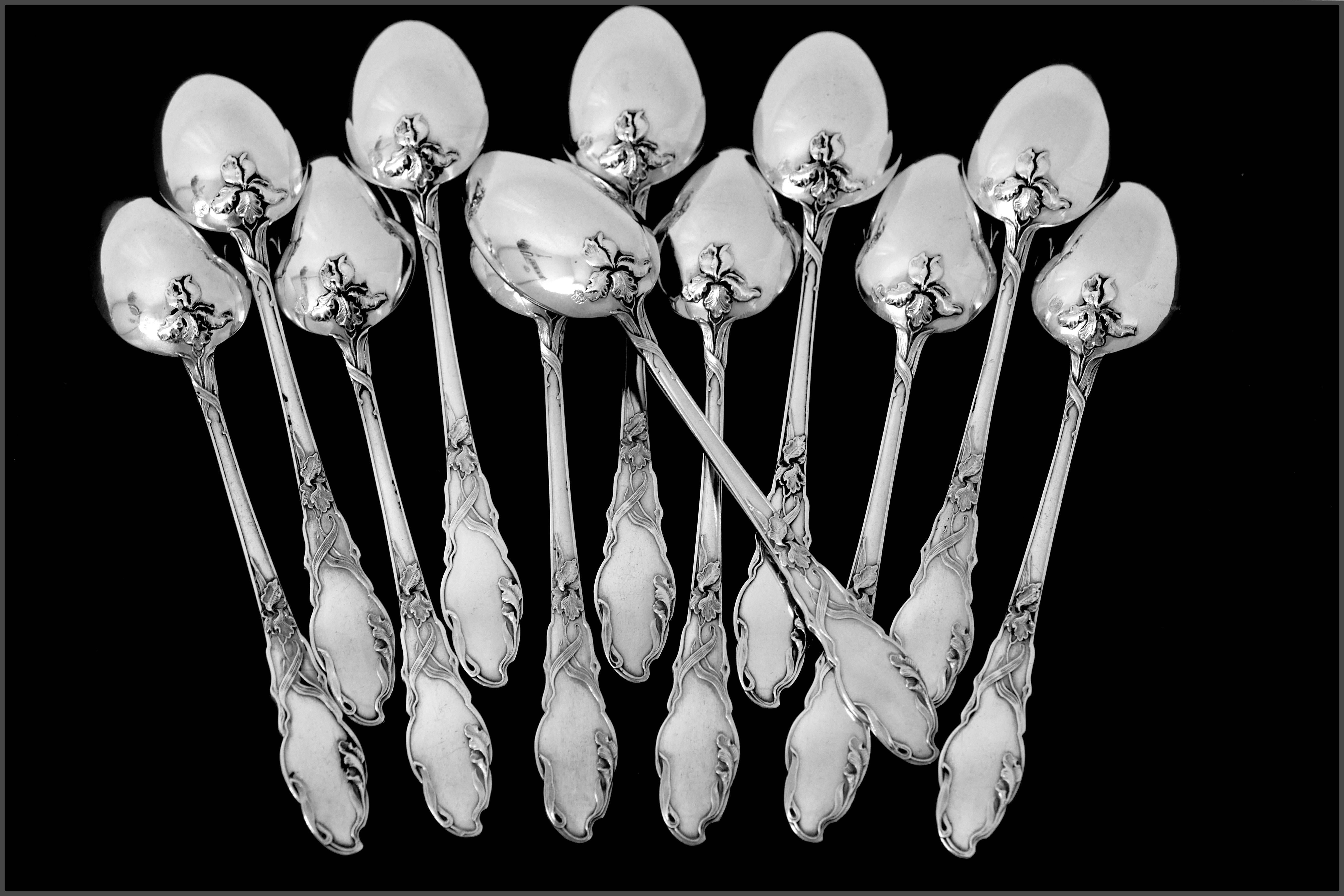 French Sterling Silver 18k Gold Tea Dessert Spoons Set, Sugar Tongs, Iris, Box In Excellent Condition In TRIAIZE, PAYS DE LOIRE