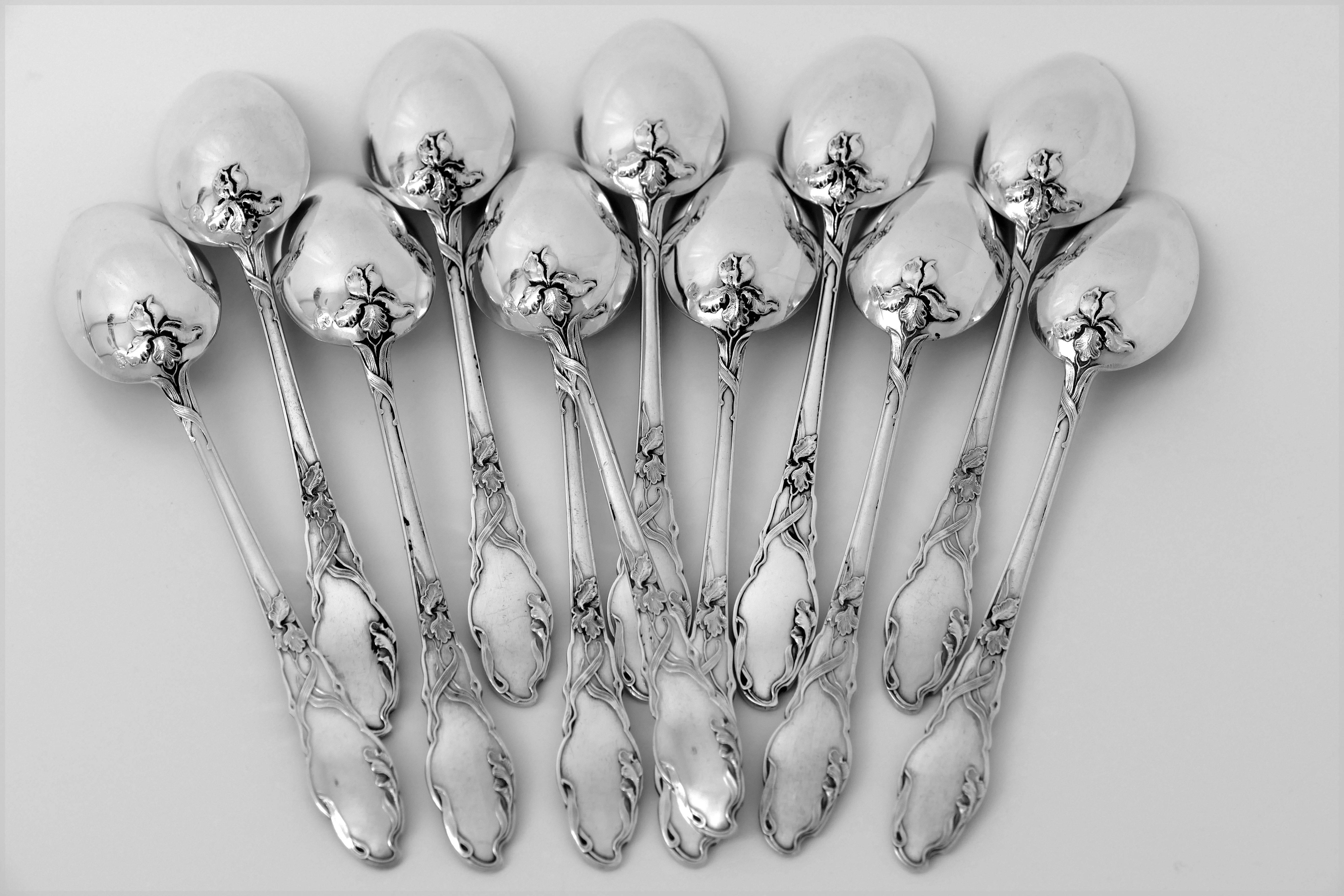 French Sterling Silver 18k Gold Tea Dessert Spoons Set, Sugar Tongs, Iris, Box 1