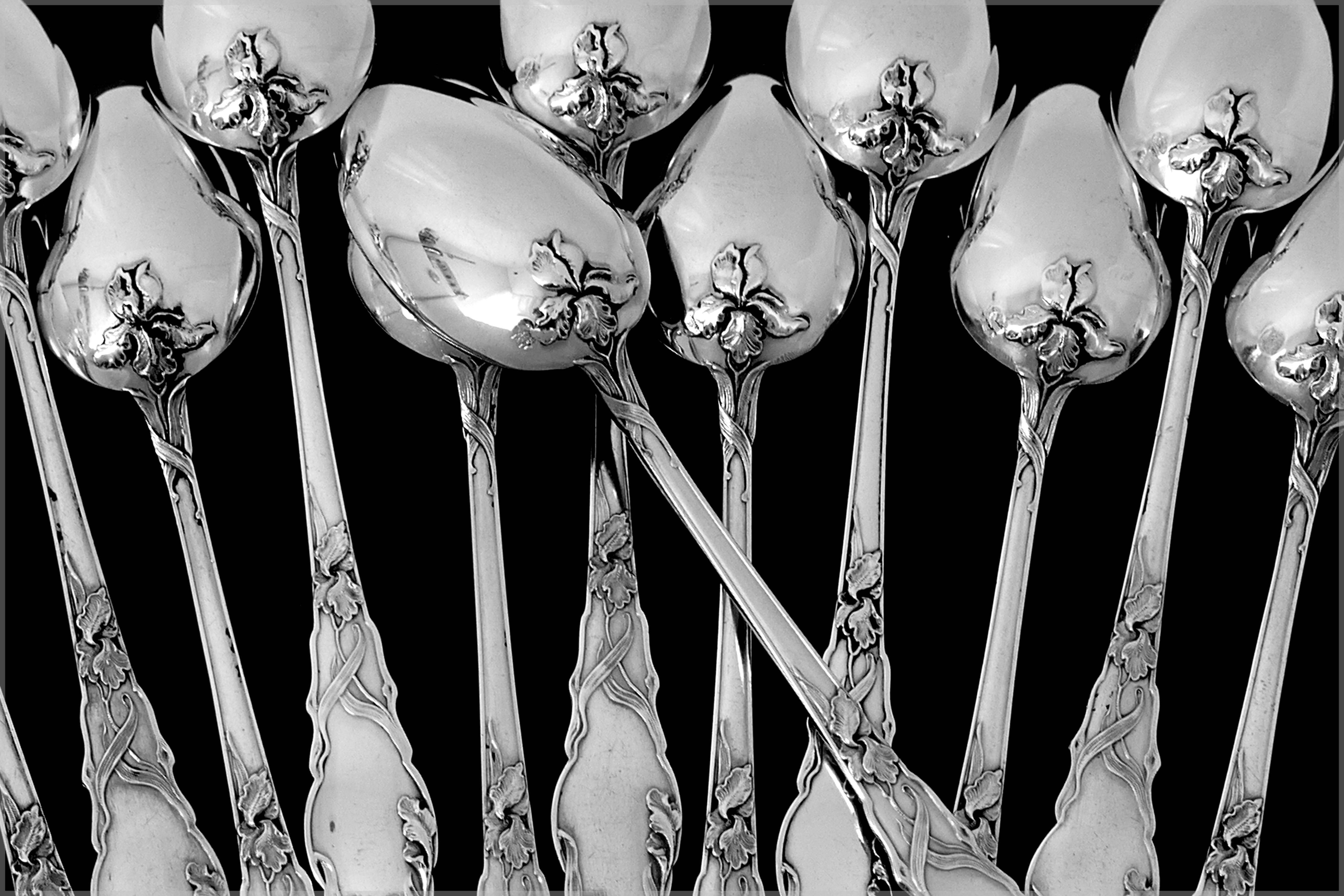 French Sterling Silver 18k Gold Tea Dessert Spoons Set, Sugar Tongs, Iris, Box 5