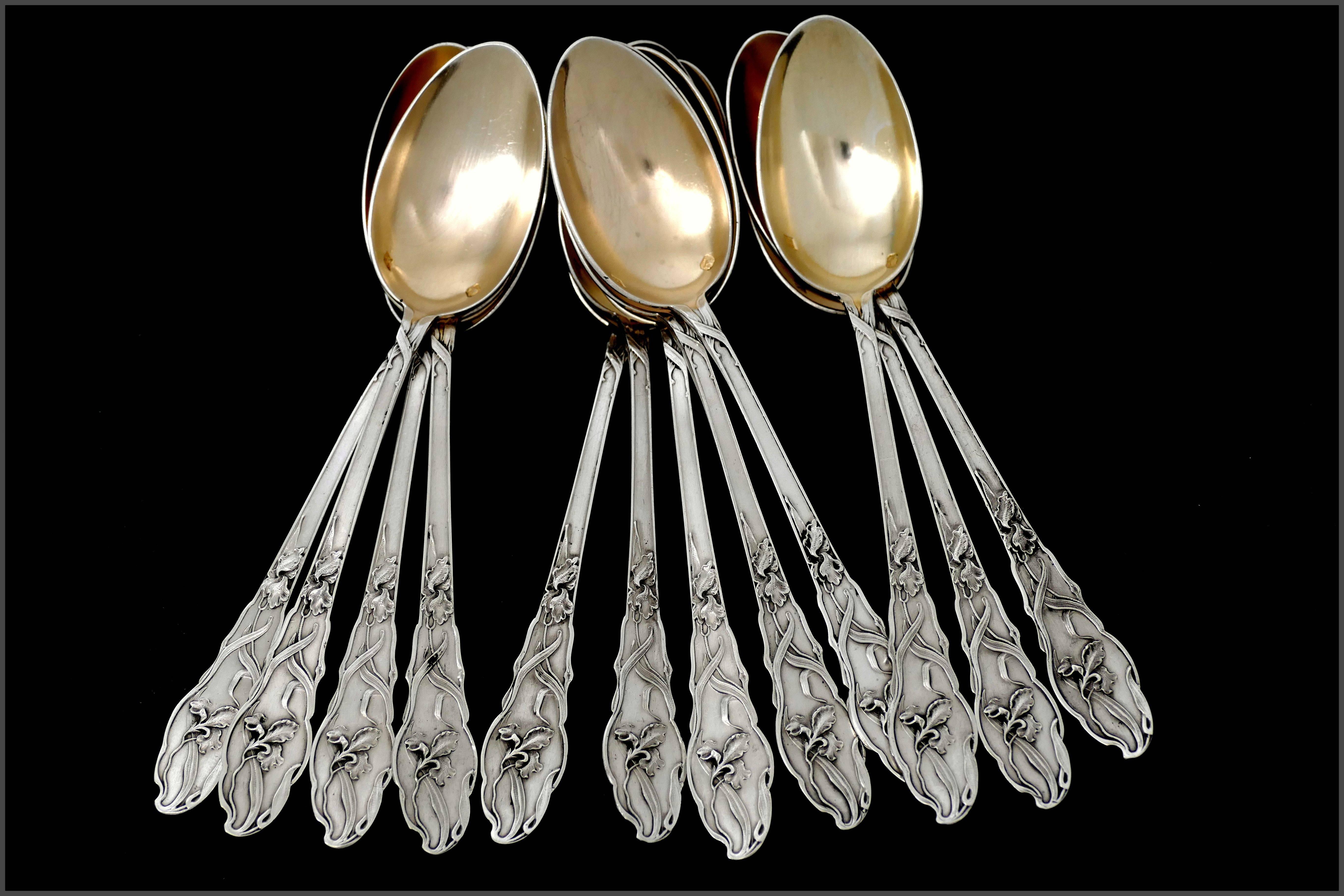 French Sterling Silver 18k Gold Tea Dessert Spoons Set, Sugar Tongs, Iris, Box 2