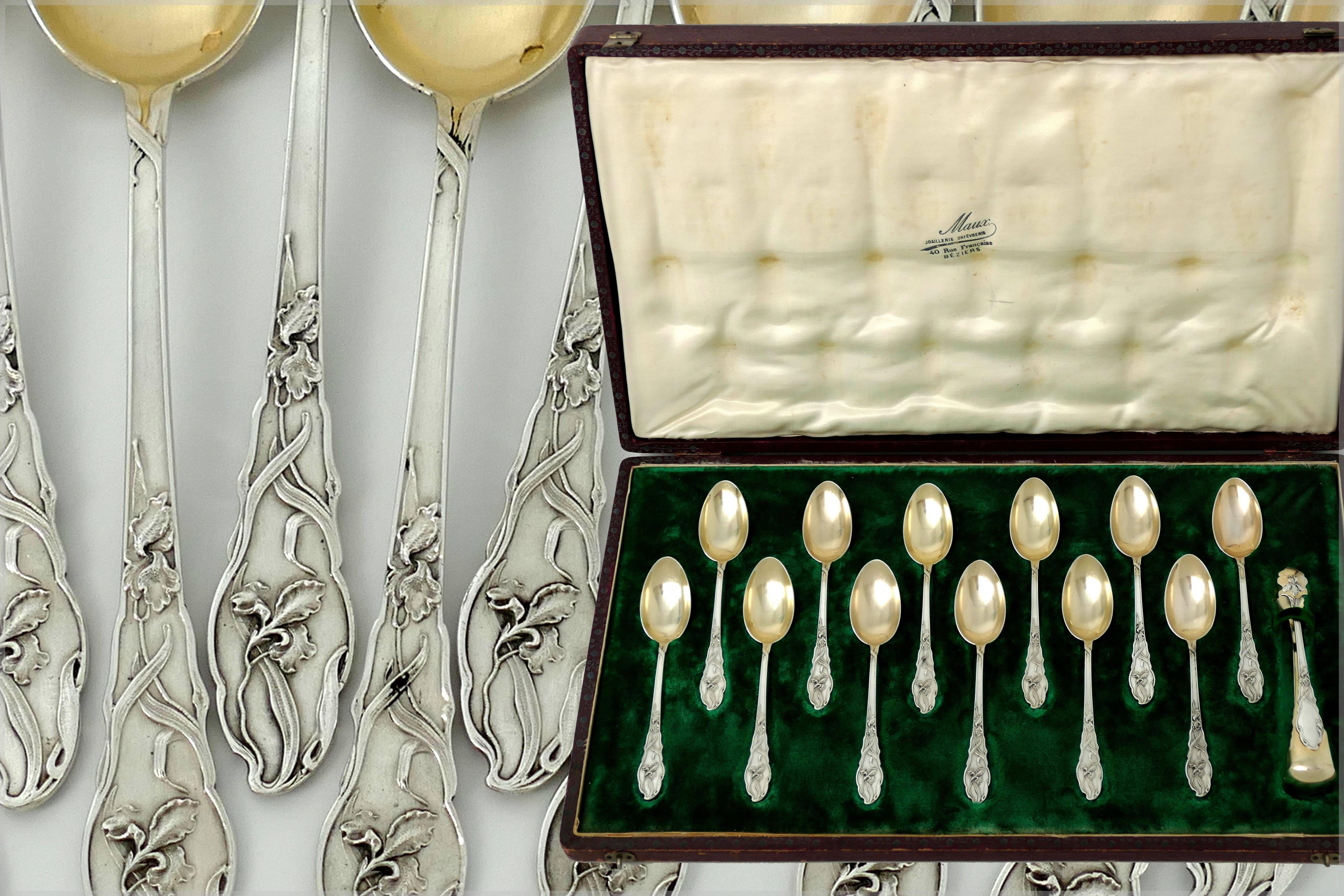 Late 19th Century French Sterling Silver 18k Gold Tea Dessert Spoons Set, Sugar Tongs, Iris, Box