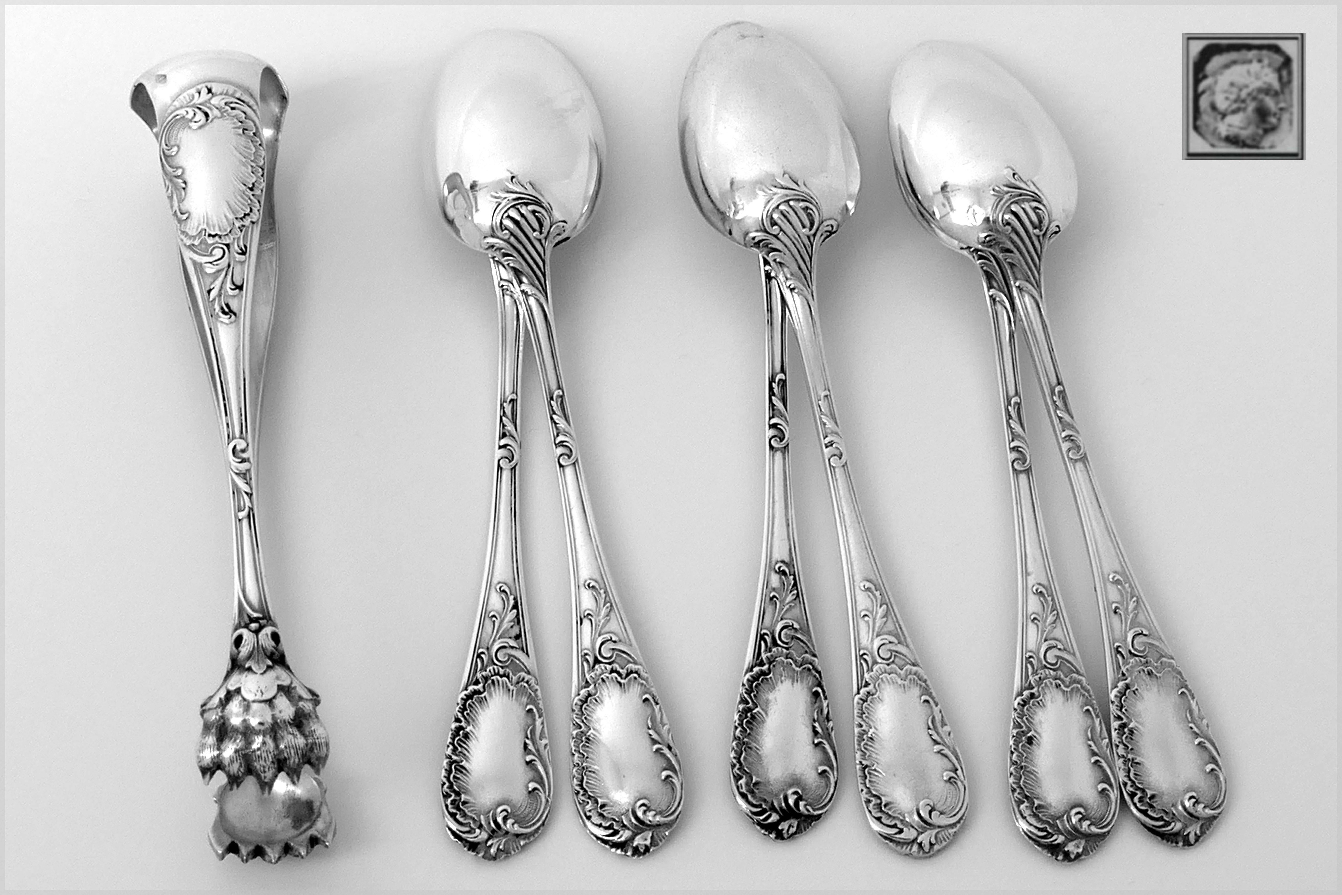 Late 19th Century Puiforcat French Sterling Silver Tea Coffee Dessert Spoons Set, Sugar Tongs, Box