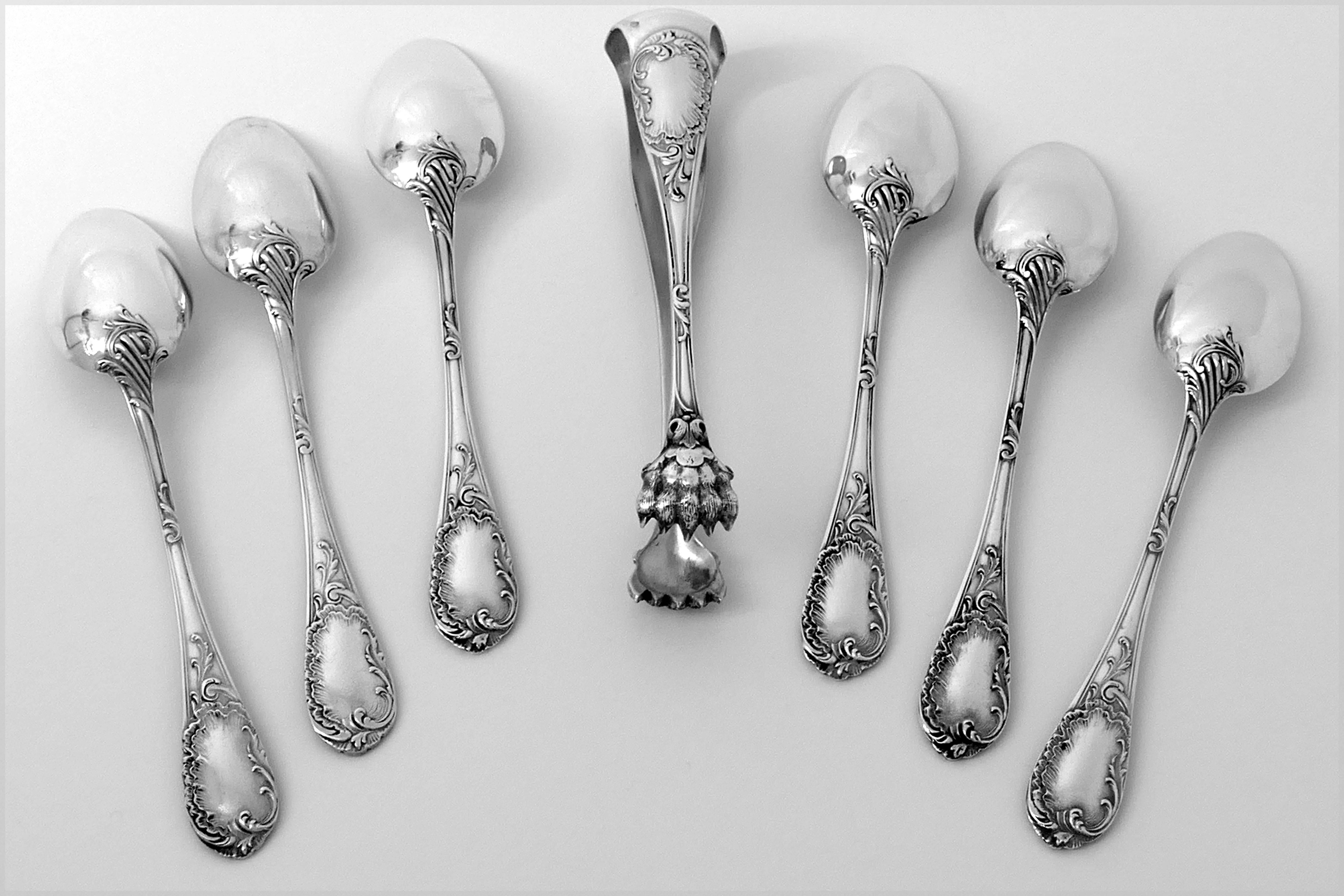 Puiforcat French Sterling Silver Tea Coffee Dessert Spoons Set, Sugar Tongs, Box 3