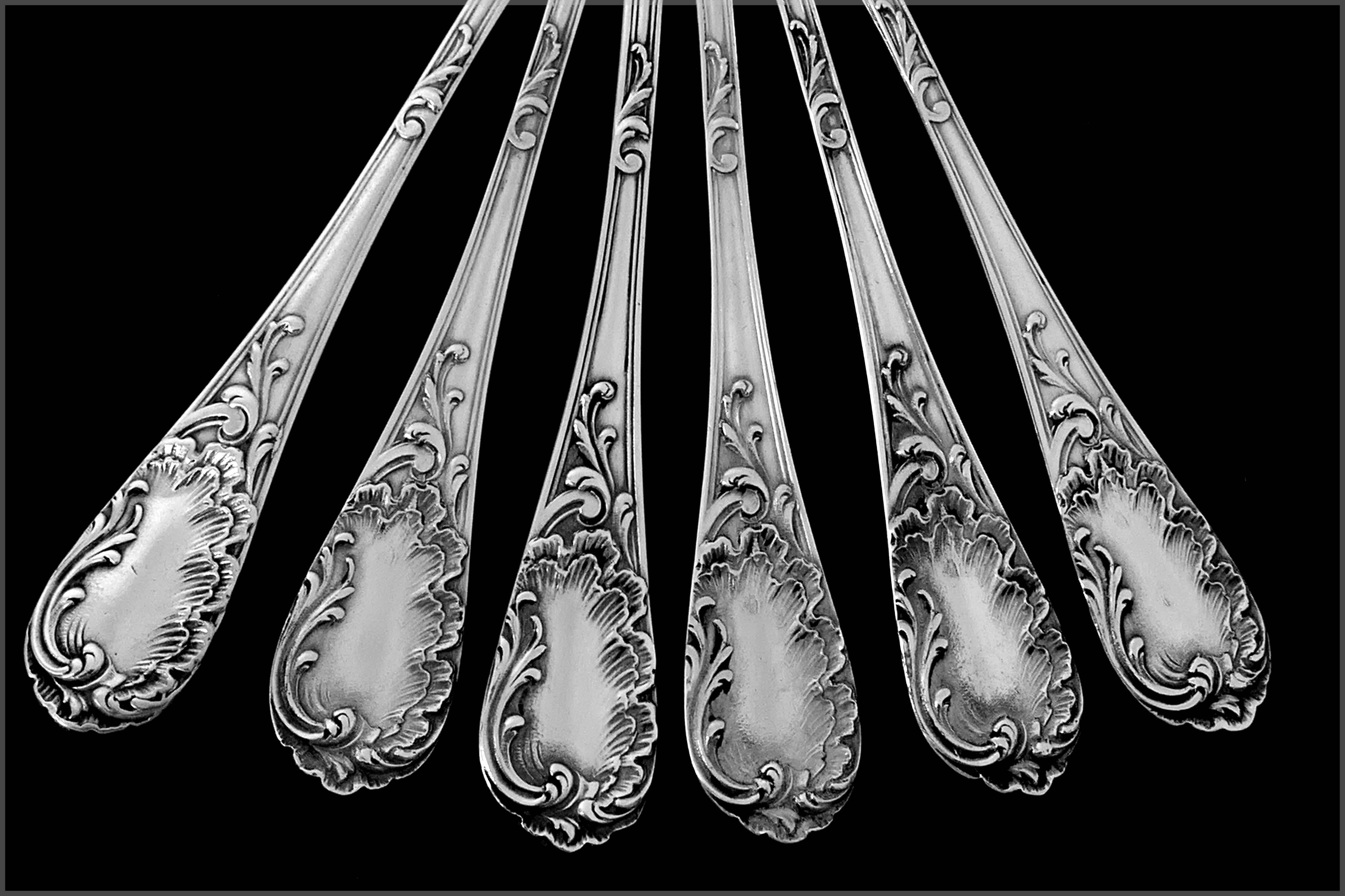 Puiforcat French Sterling Silver Tea Coffee Dessert Spoons Set, Sugar Tongs, Box 5