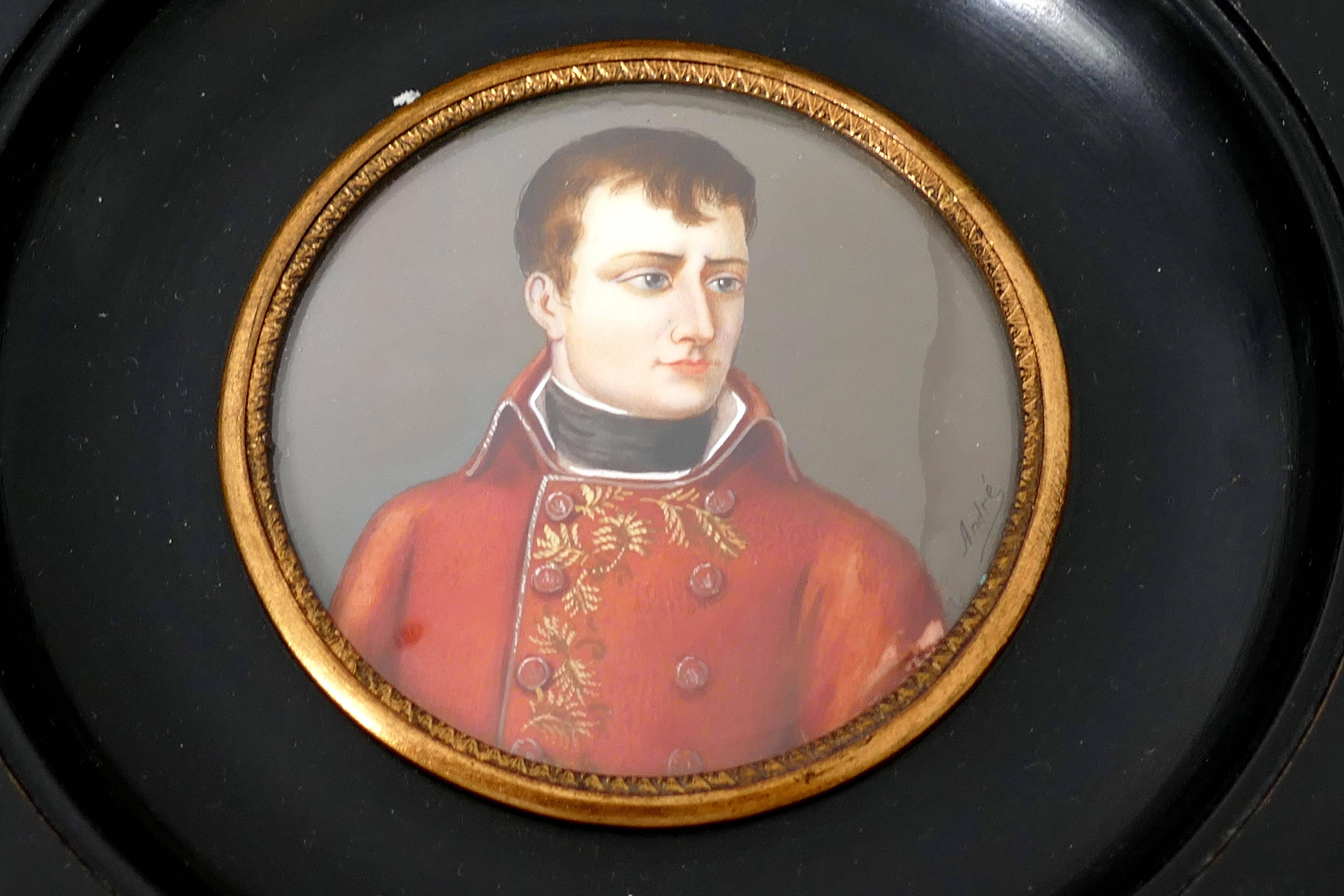 Antique French miniature paintings signed, Portraits Napoleon and Josephine

Antique 19th century French miniature portrait pair hand-painting of Napoleon Bonaparte, Emperor of French, in red costume of consul of the republic and his wife