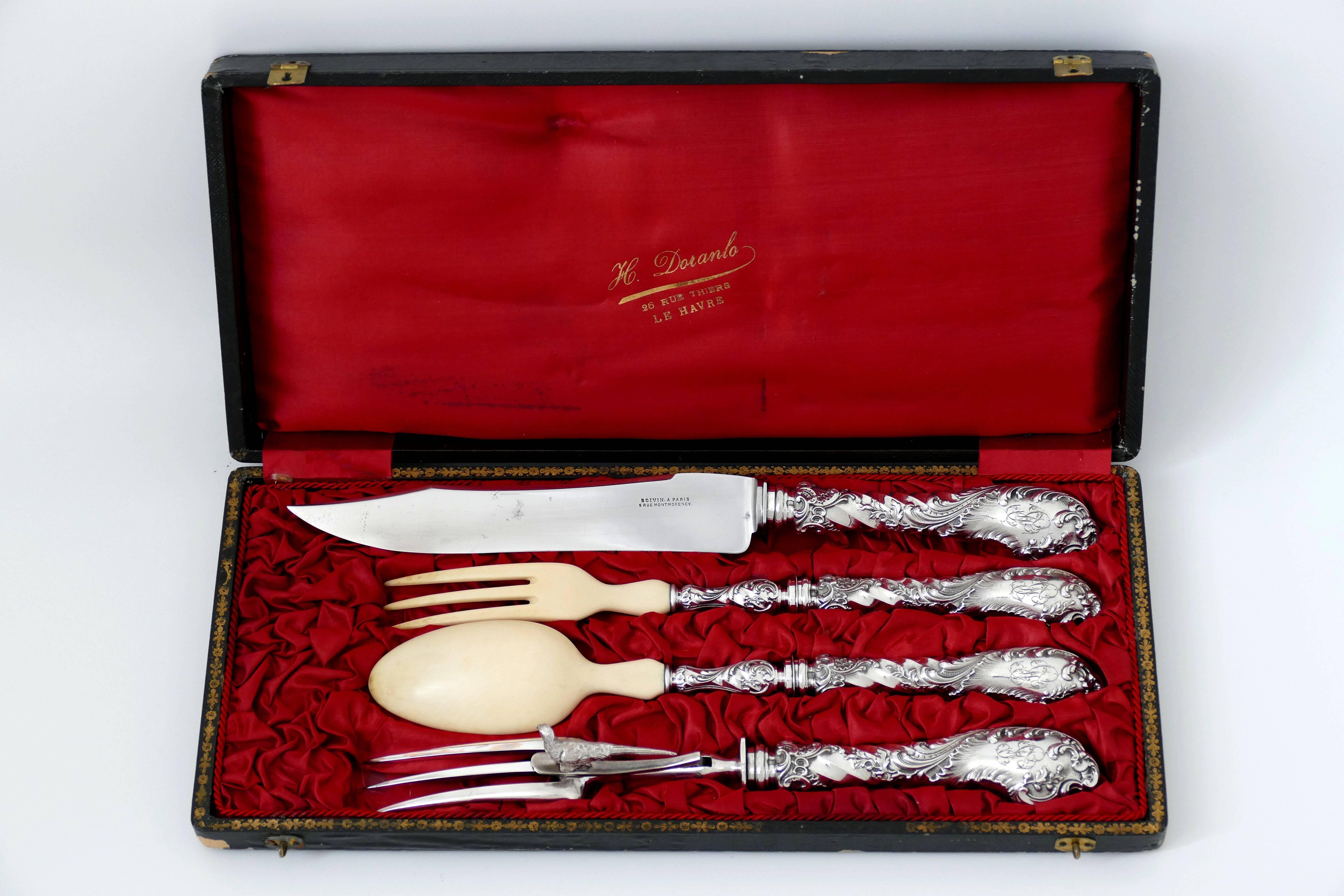 Boivin French Sterling Silver Serving Implement Set 4 Pc, Original box, Rococo For Sale 5