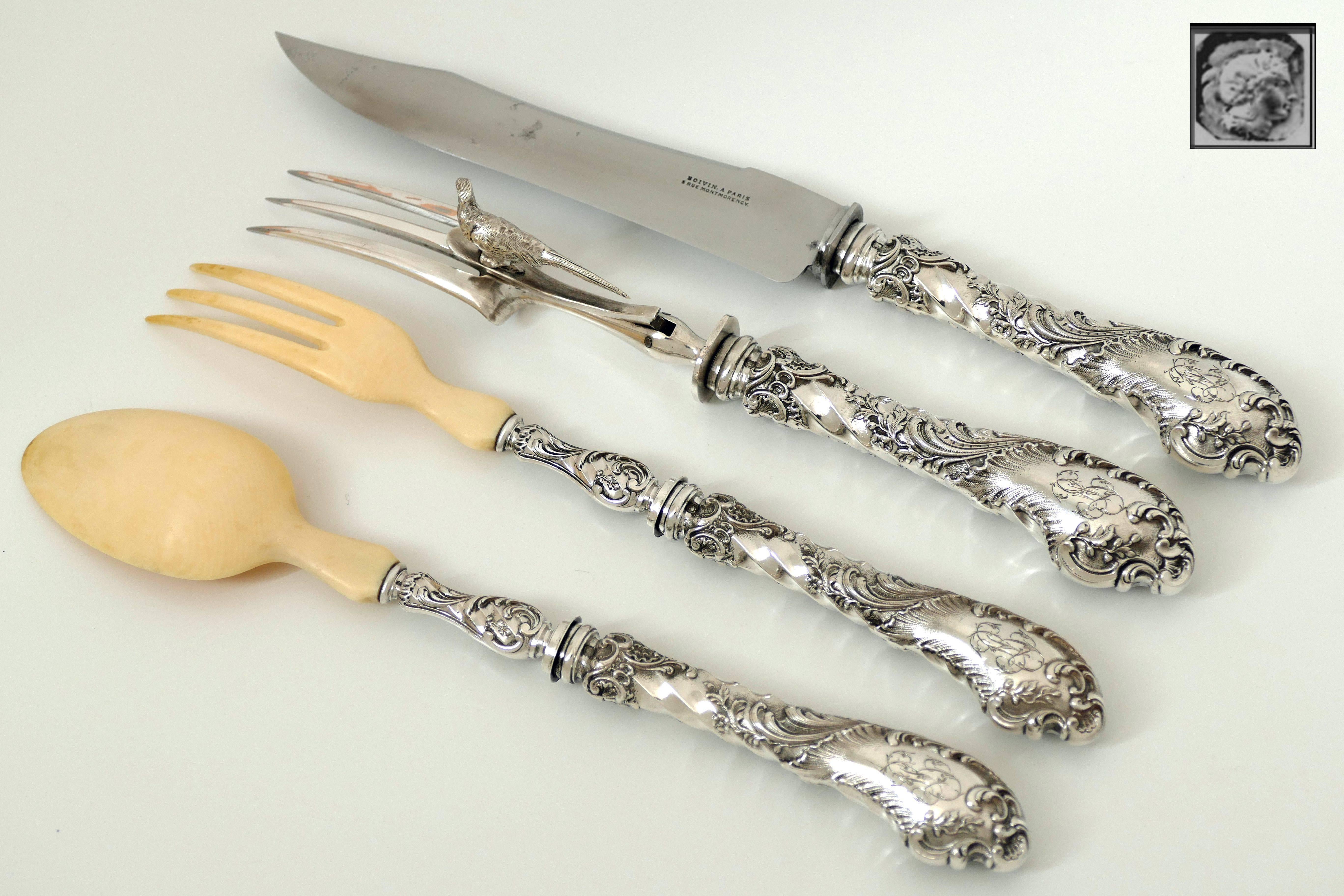Boivin French Sterling Silver Serving Implement Set 4 Pc, Original box, Rococo In Good Condition For Sale In TRIAIZE, PAYS DE LOIRE