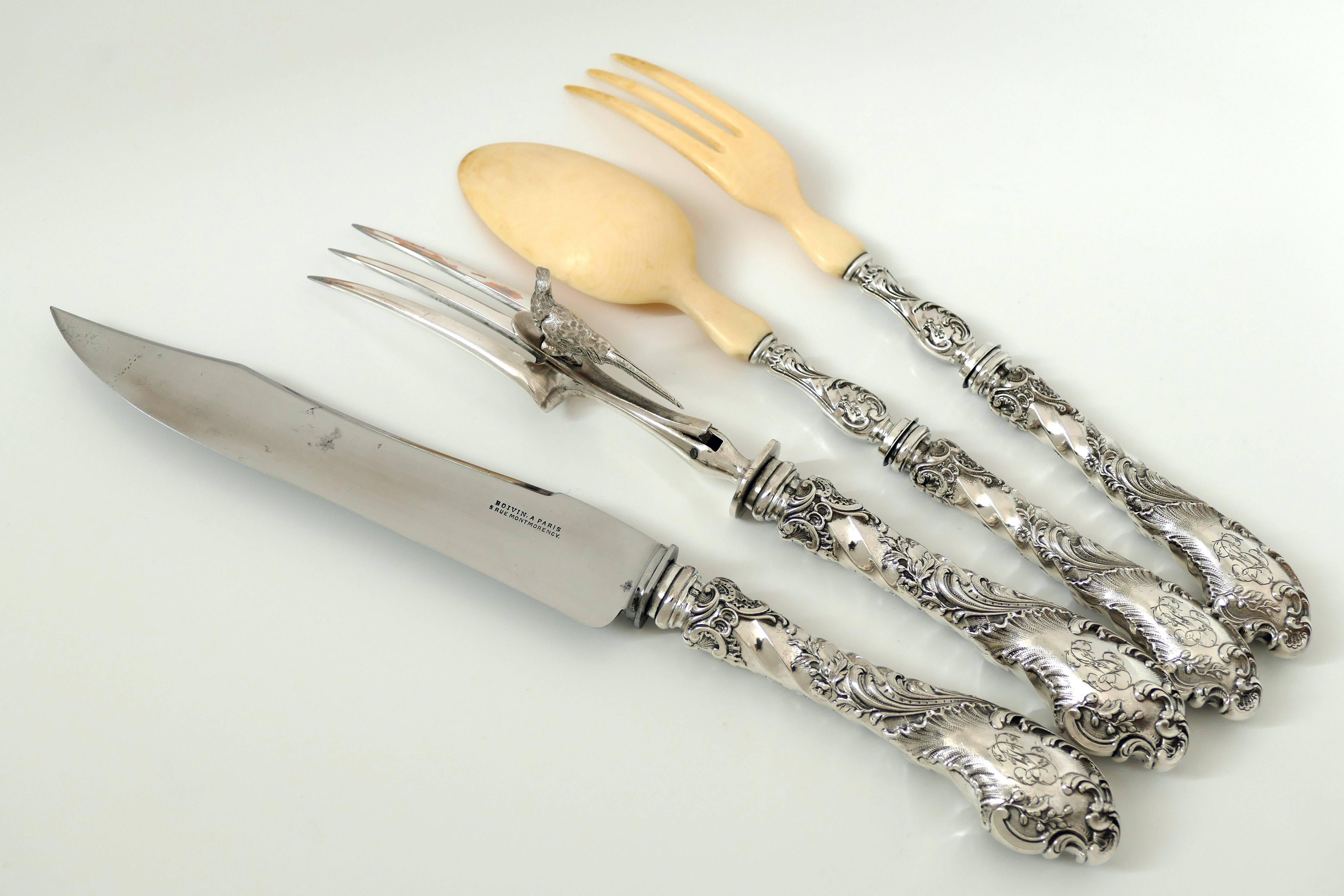 Boivin French Sterling Silver Serving Implement Set 4 Pc, Original box, Rococo For Sale 4