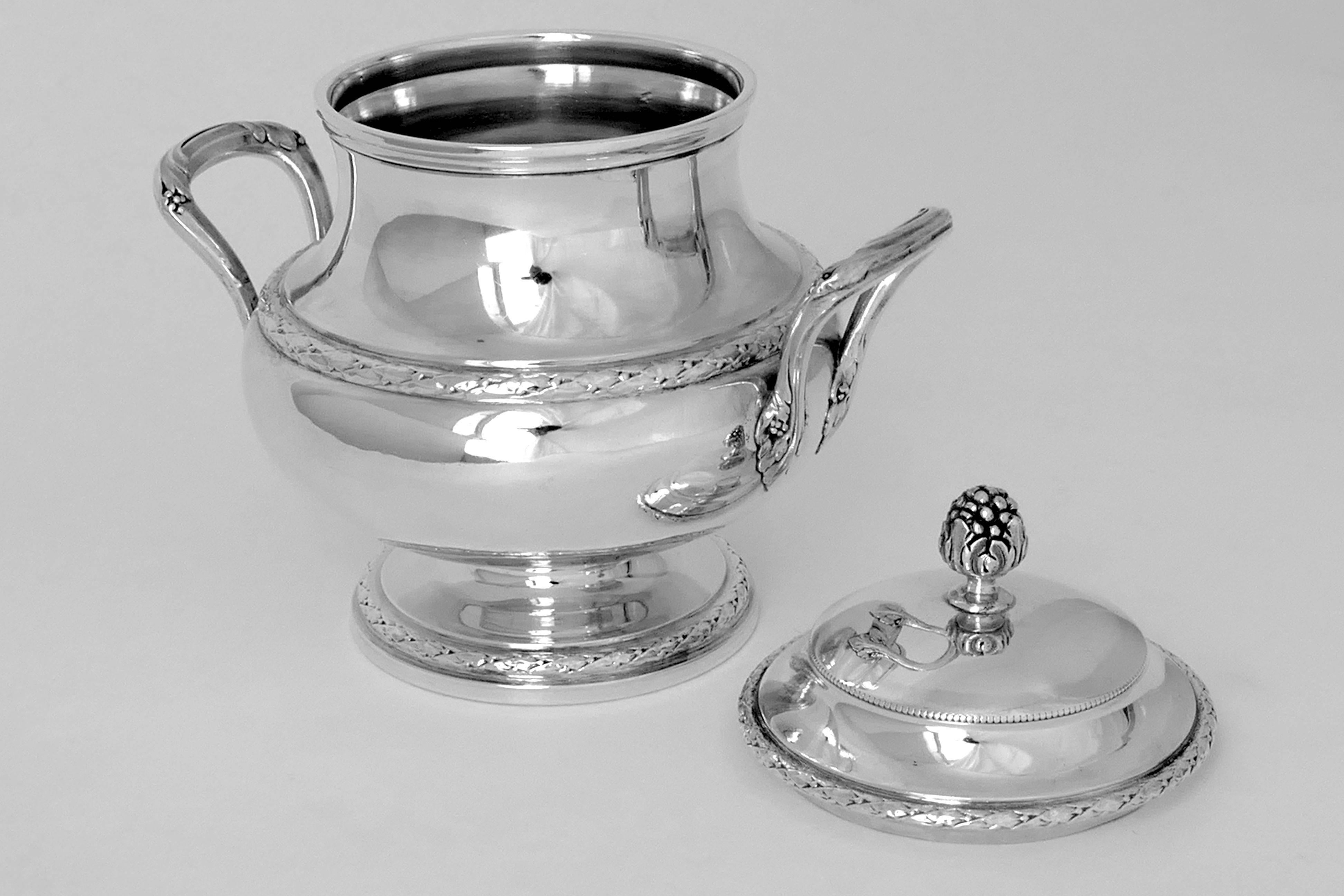 Puiforcat French Sterling Silver Tea Pot, Sugar Pot, Creamer, Neoclassical 1