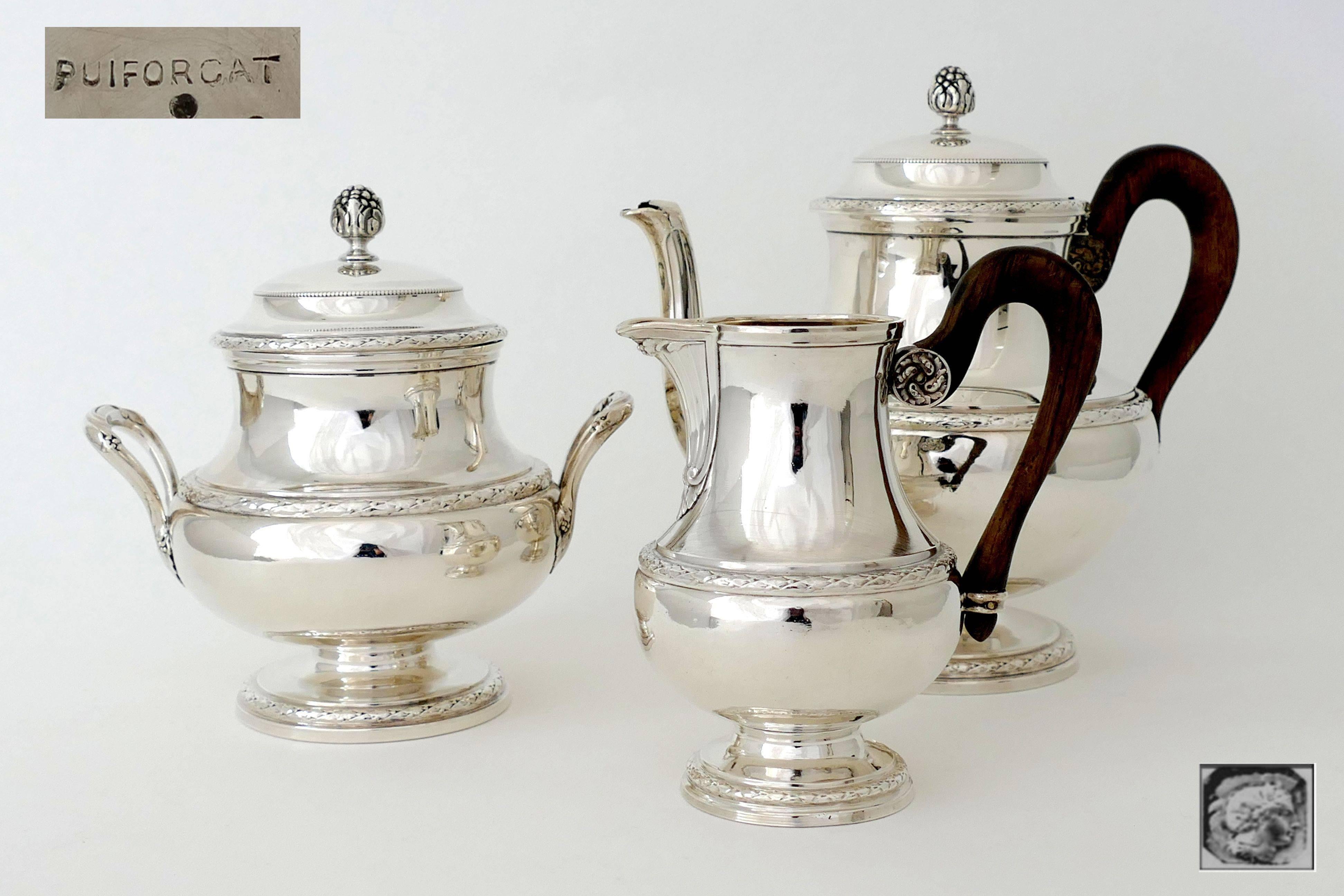 Puiforcat French Sterling Silver Tea Pot, Sugar Pot, Creamer, Neoclassical 2