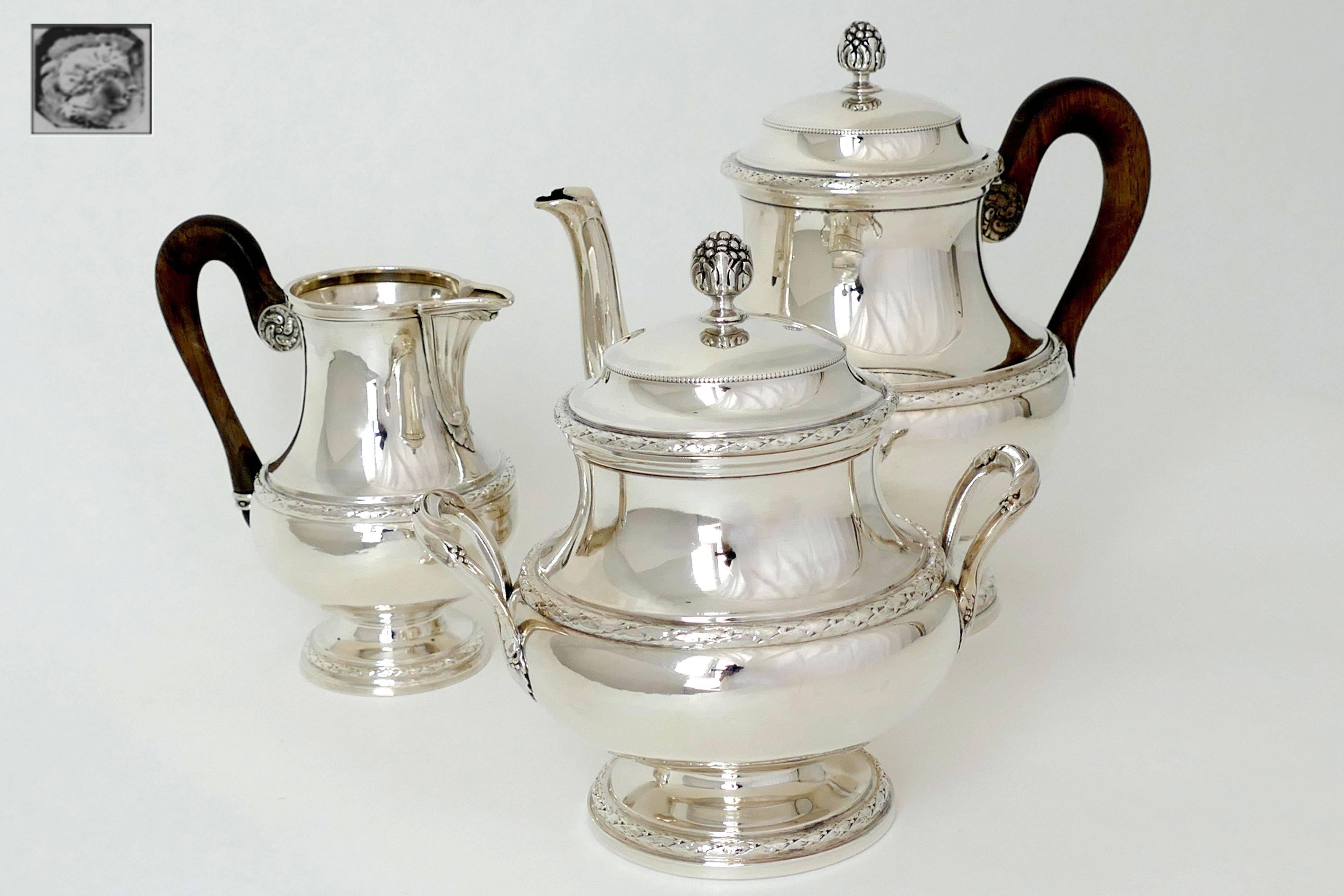 Early 20th Century Puiforcat French Sterling Silver Tea Pot, Sugar Pot, Creamer, Neoclassical
