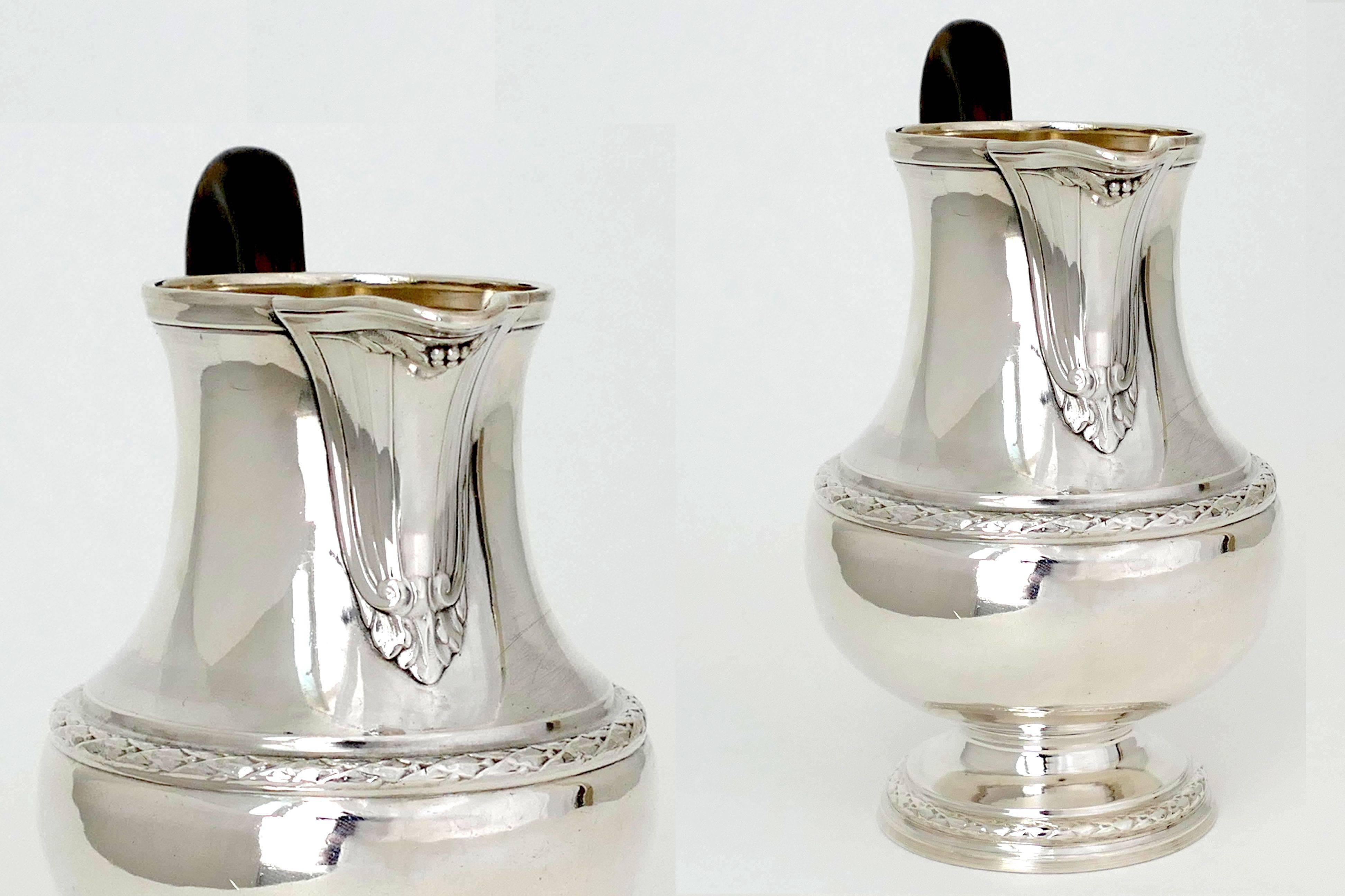 Louis XVI Puiforcat French Sterling Silver Tea Pot, Sugar Pot, Creamer, Neoclassical