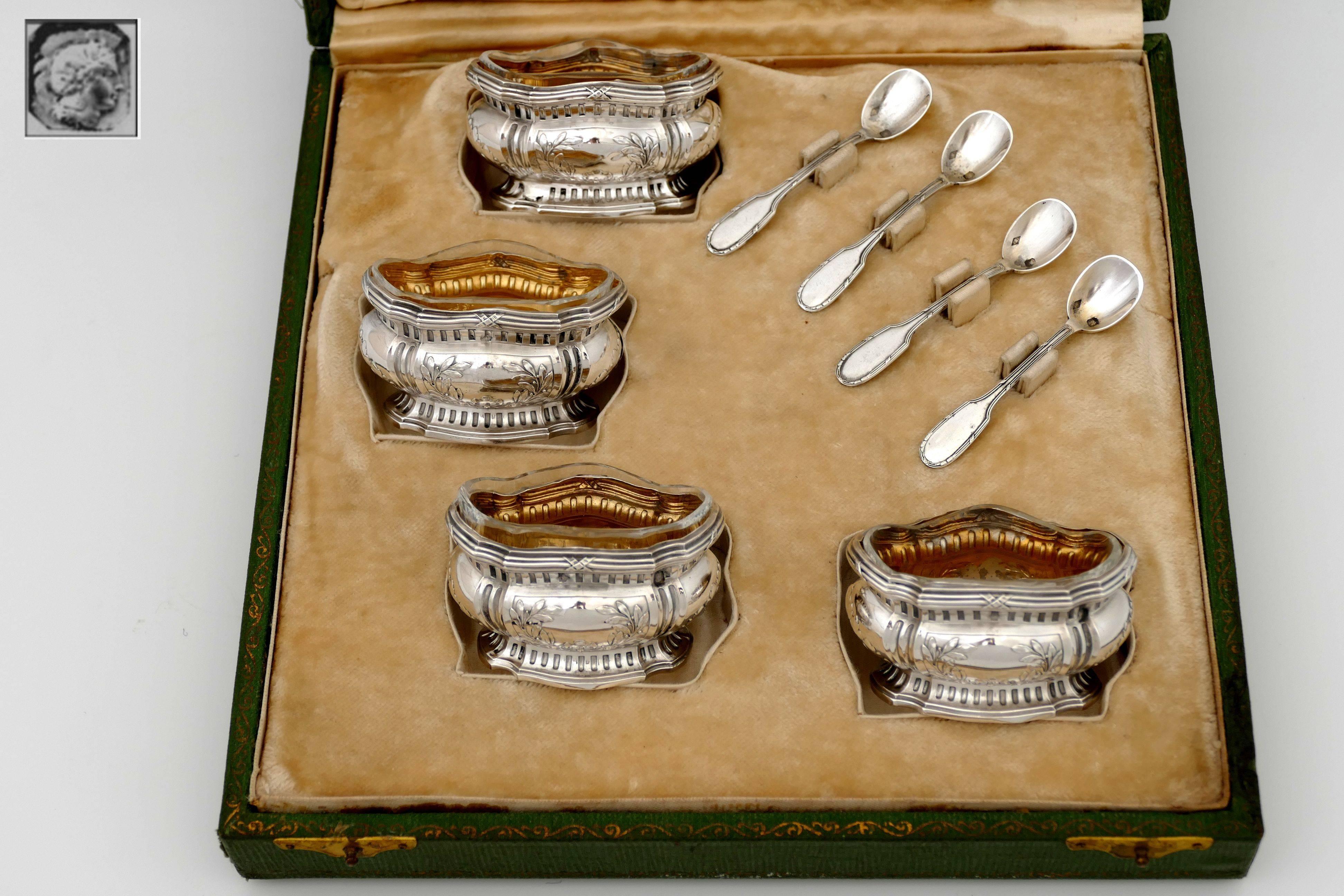 Late 19th Century Compere French Sterling Silver 18 Karat Gold Four Salt Cellars, Spoons, Box For Sale