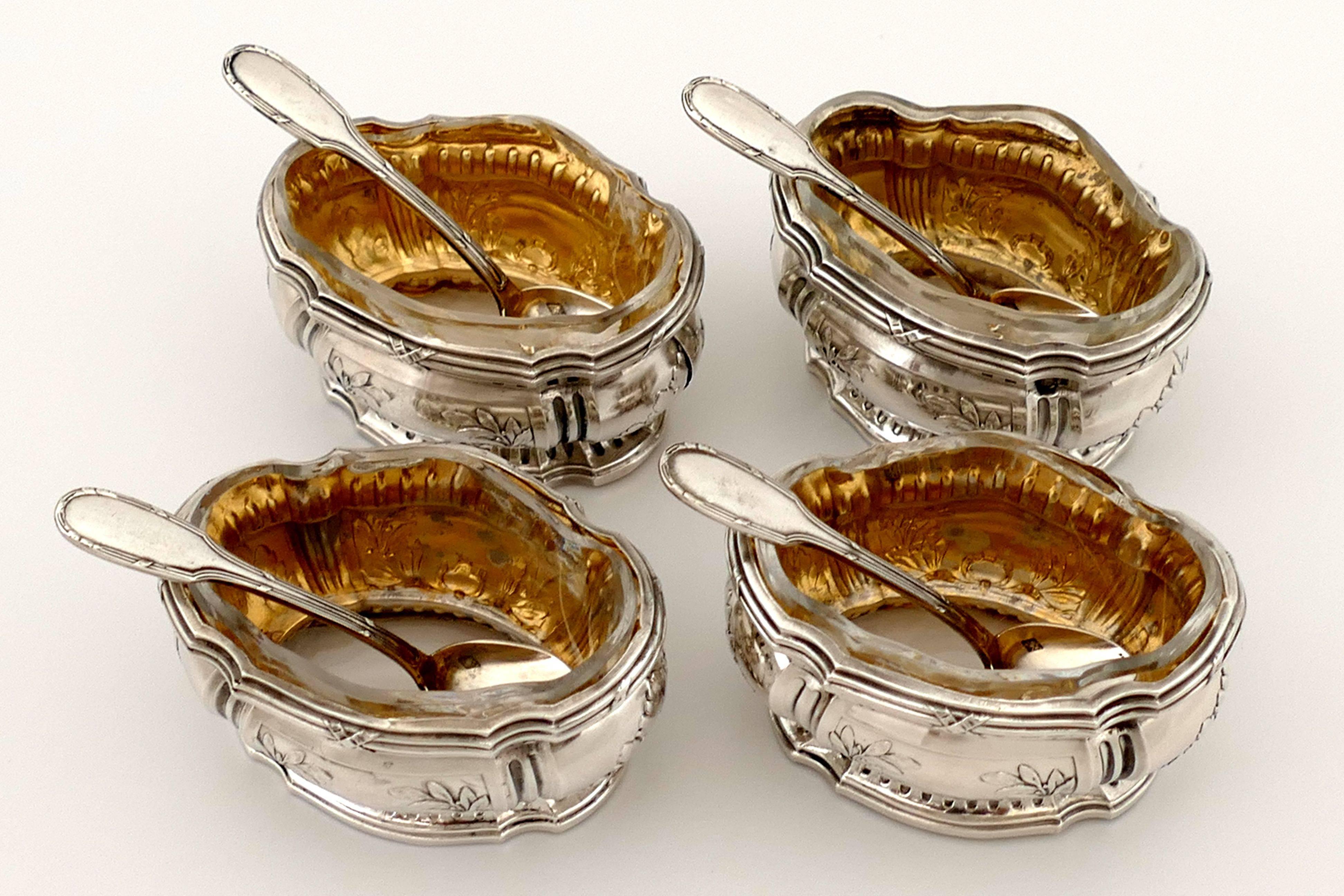 Compere French Sterling Silver 18 Karat Gold Four Salt Cellars, Spoons, Box For Sale 1