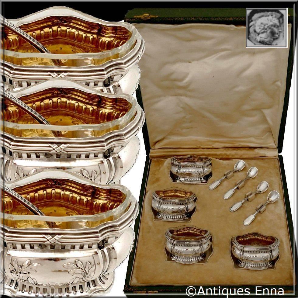 Head of Minerve first titre for 950/1000 French sterling silver vermeil guarantee. The quality of the gold used to recover sterling silver is a minimum of 750 mils (18-karat).

Fabulous French sterling silver 18-karat gold salt cellars four-pieces.