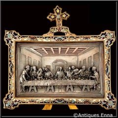Antique French Champleve Enamel Frame Leonard De Vinci's Last Supper