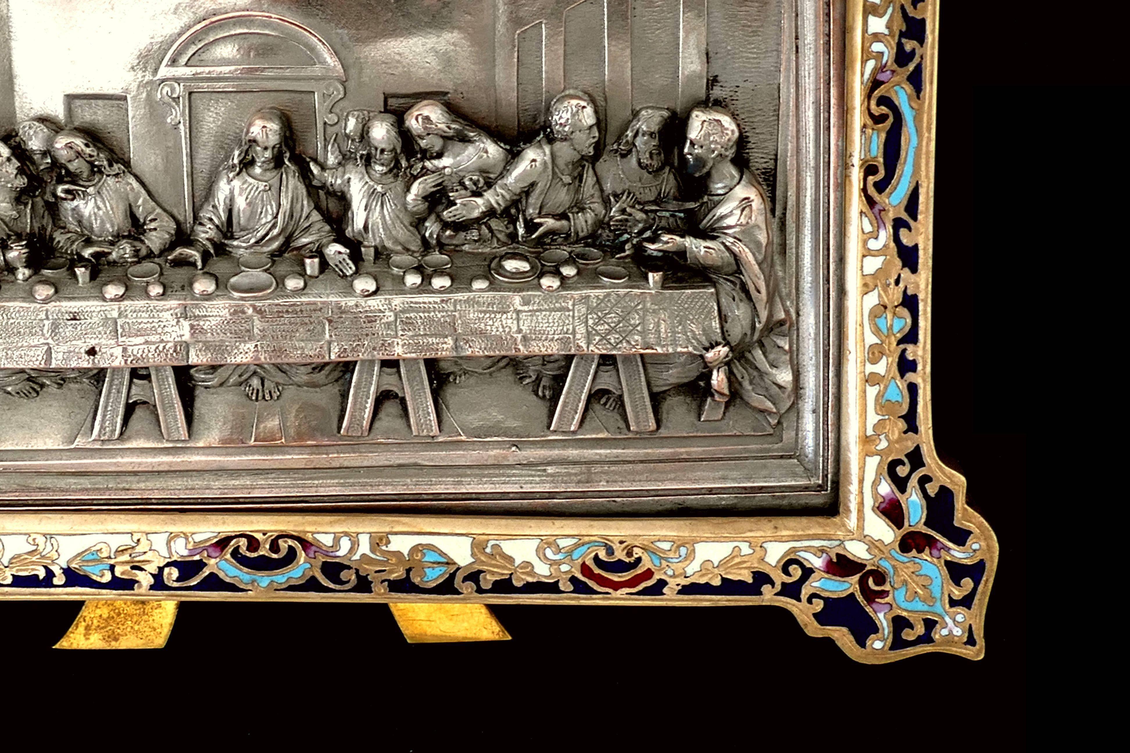 Bronze Antique French Champleve Enamel Frame Leonard De Vinci's Last Supper For Sale