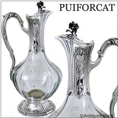 Puiforcat French Sterling Silver Cut Crystal Claret Jug, Ewer, Decanter, Regency