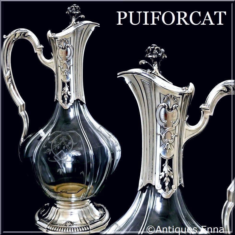 Puiforcat French Sterling Silver Cut Crystal Claret Jug, Ewer, Decanter, Regency For Sale 4
