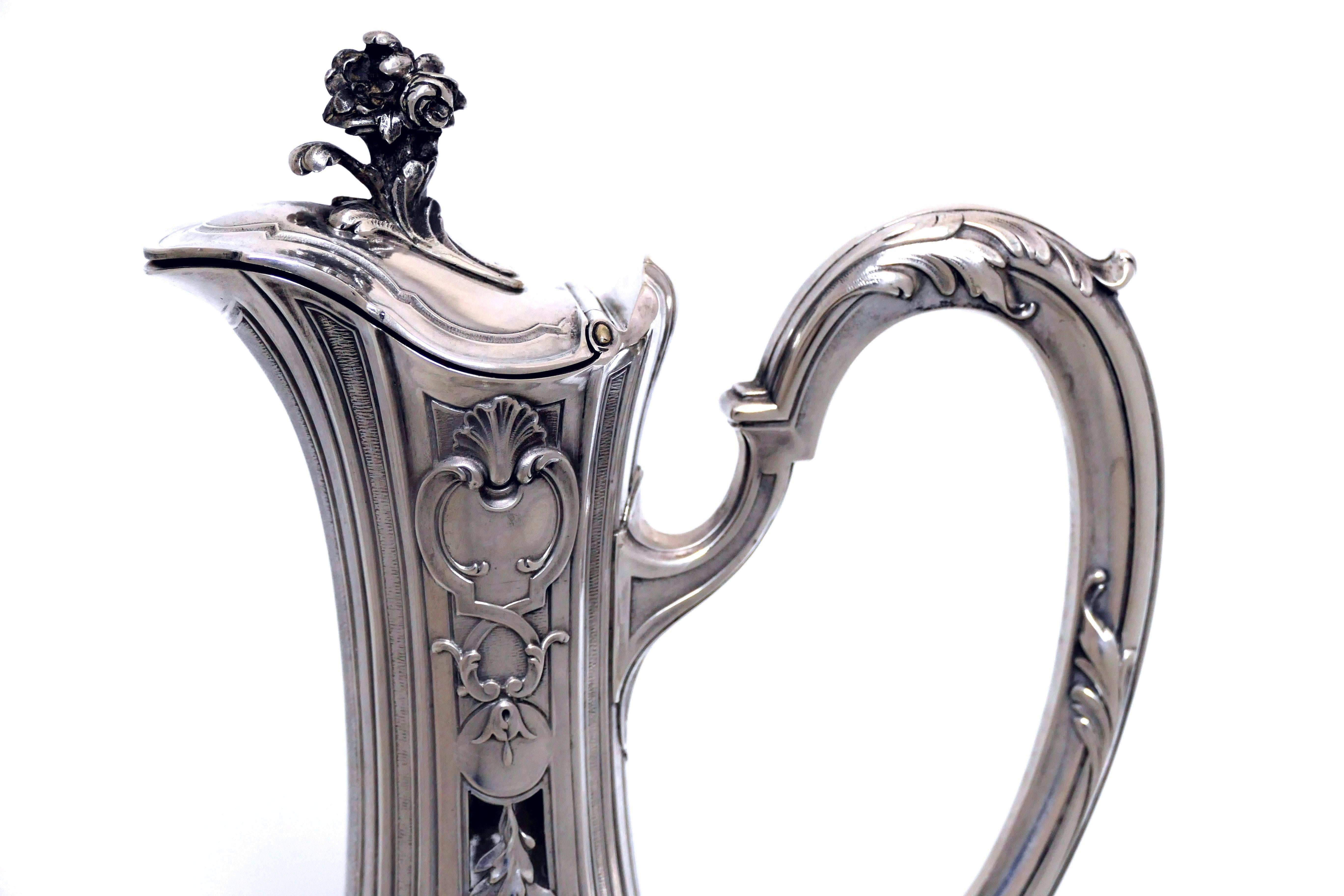 Régence Puiforcat French Sterling Silver Cut Crystal Claret Jug, Ewer, Decanter, Regency For Sale