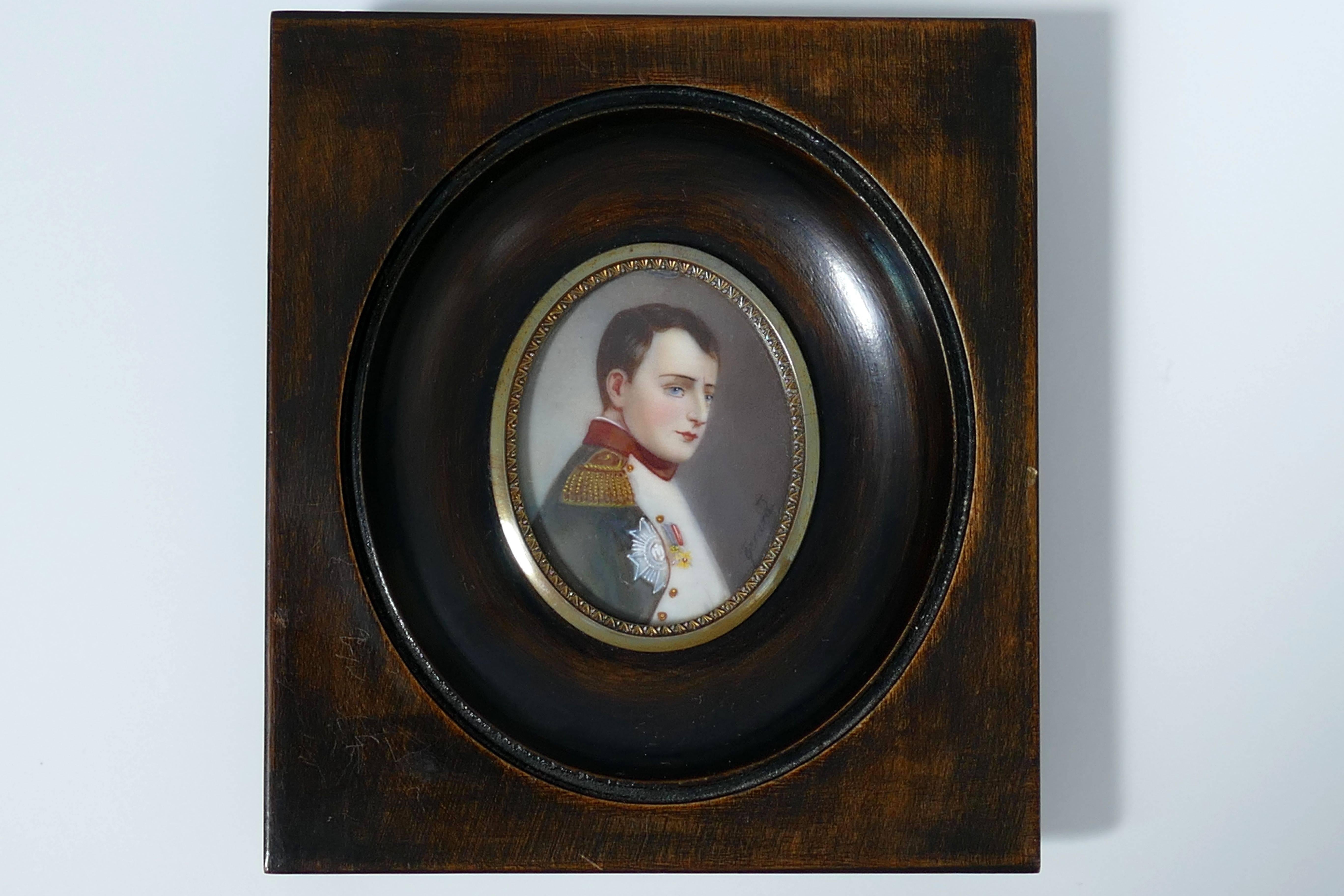 Mid-19th Century Antique French Miniature Painting Signed, Portrait Napoleon Bonaparte