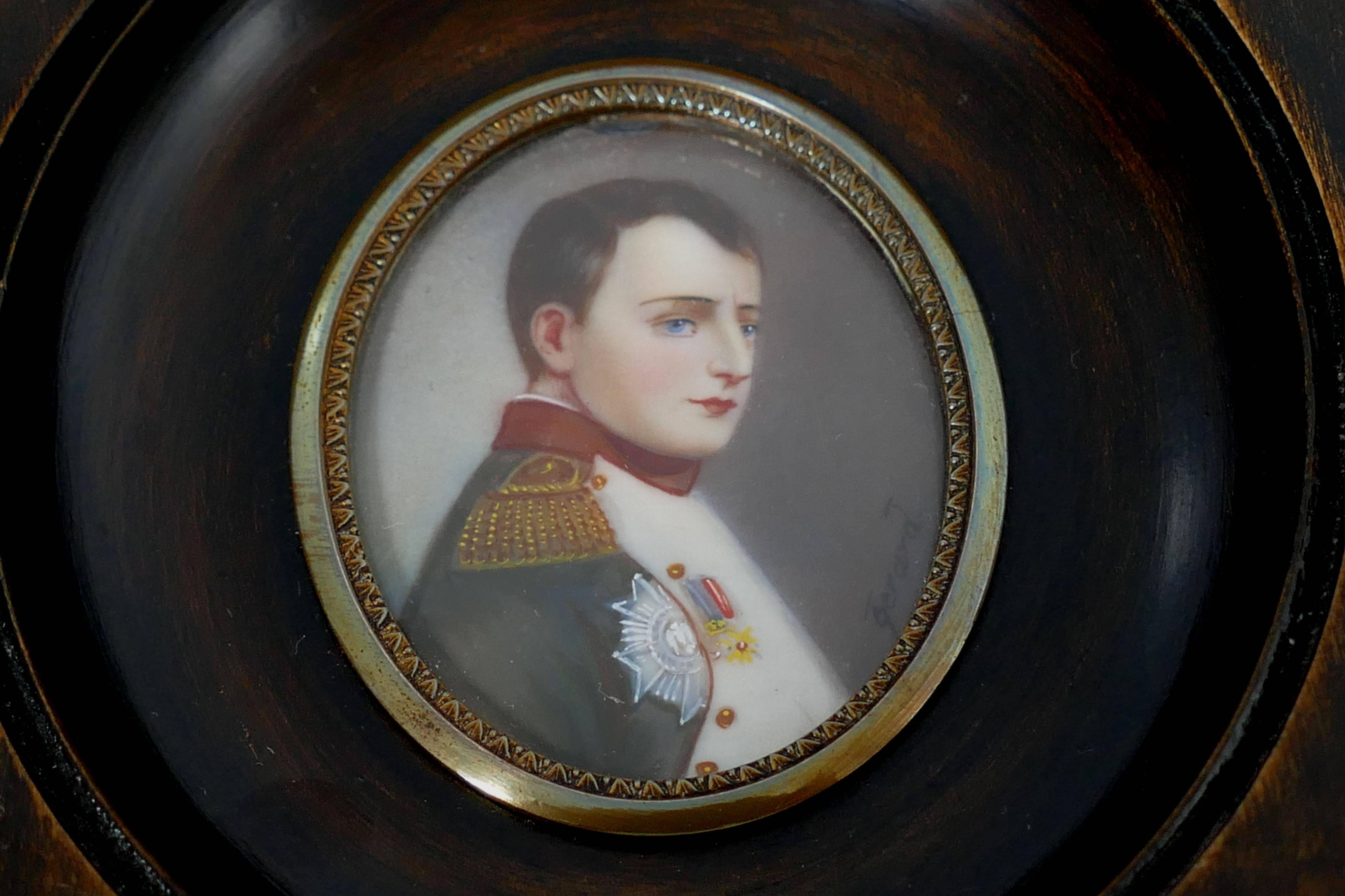 Wood Antique French Miniature Painting Signed, Portrait Napoleon Bonaparte