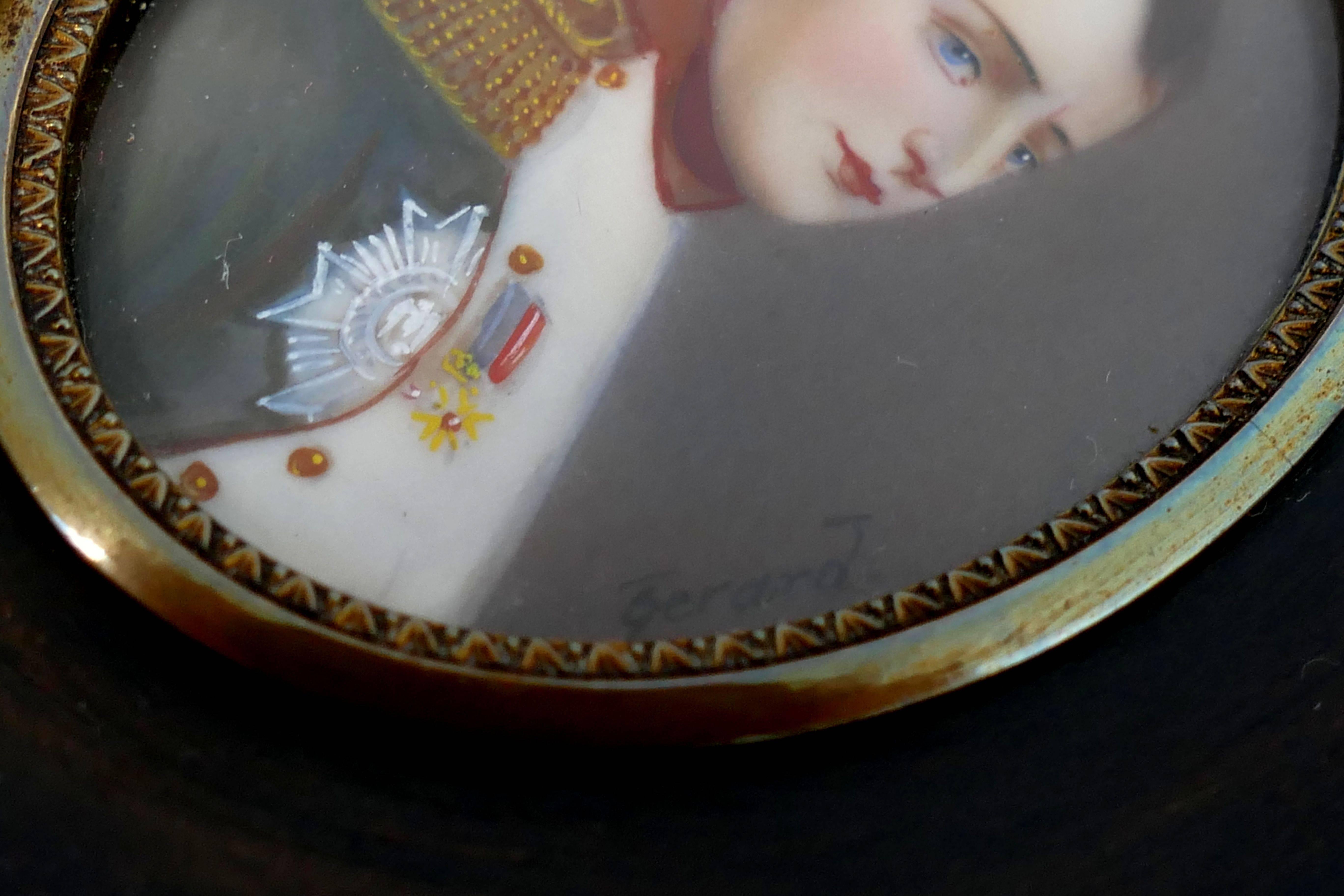 Antique French Miniature Painting Signed, Portrait Napoleon Bonaparte 1