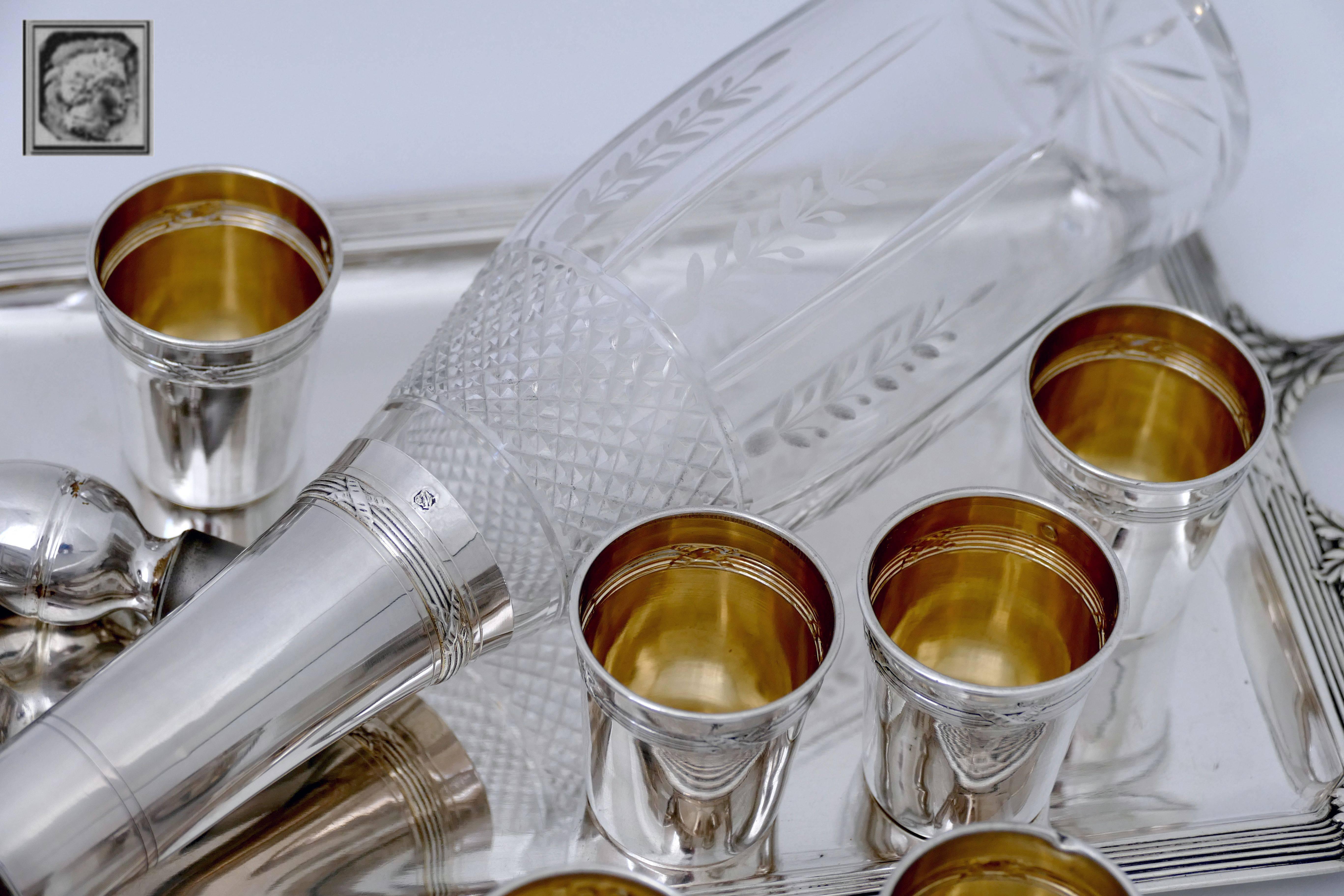 Debain French Sterling Silver Liquor Cups, Tray and Crystal Decanter, Ribbons For Sale 1