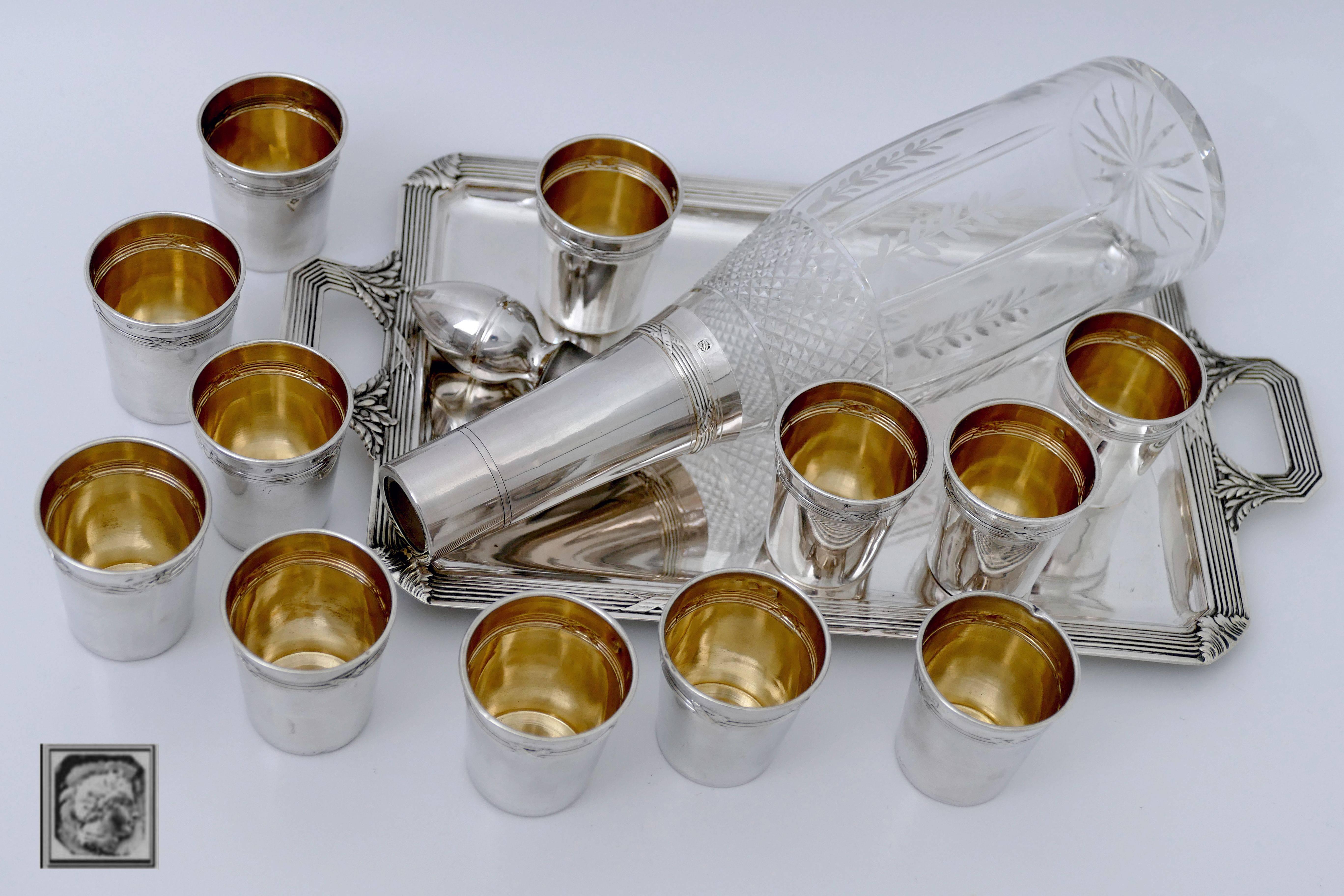 Neoclassical Debain French Sterling Silver Liquor Cups, Tray and Crystal Decanter, Ribbons For Sale