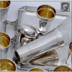 Debain French Sterling Silver Liquor Cups, Tray and Crystal Decanter, Ribbons