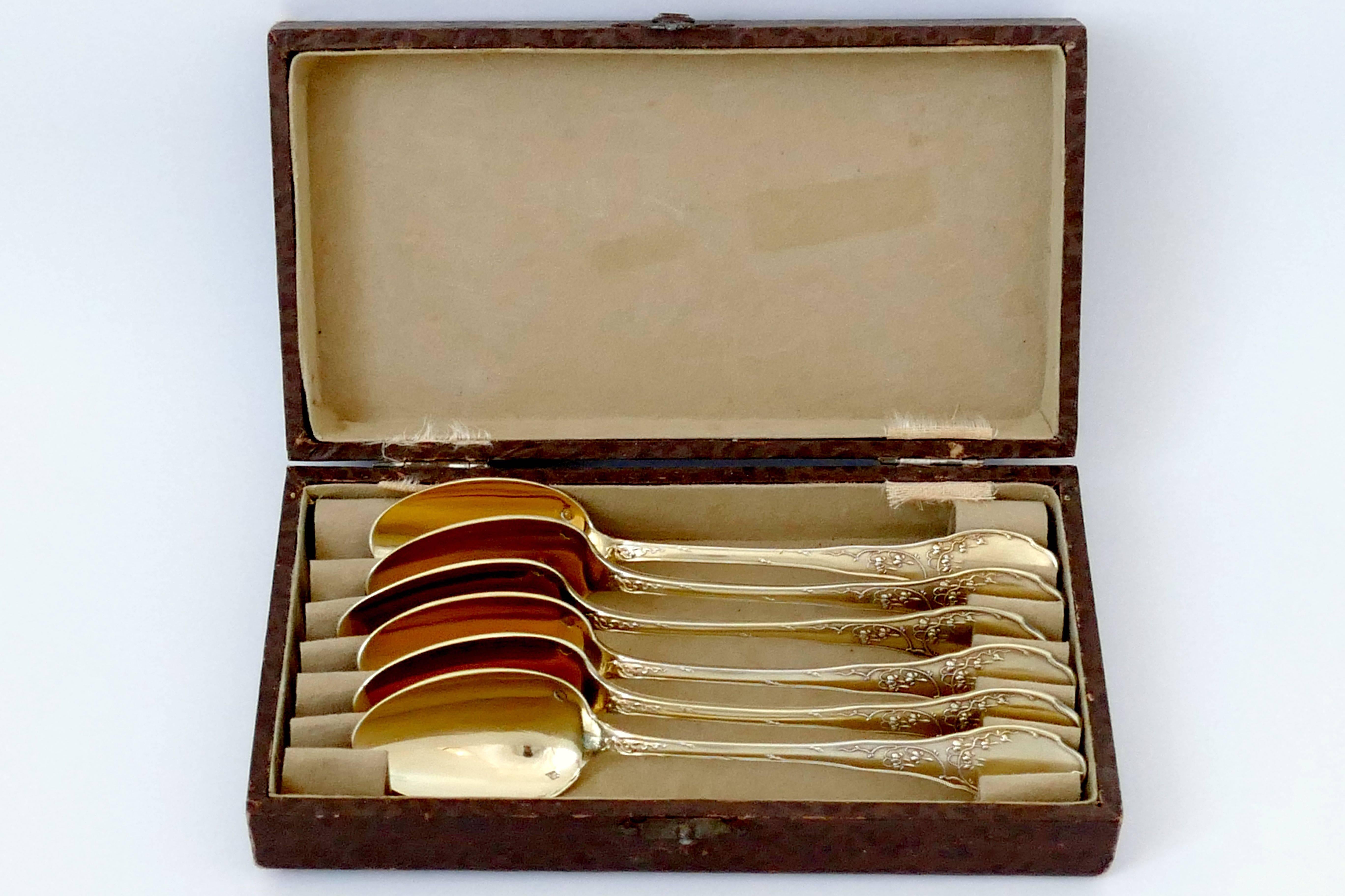 Soufflot French Sterling Silver 18k Gold Tea Coffee Spoons Set 6 Pc, Thrush, Box In Excellent Condition In TRIAIZE, PAYS DE LOIRE