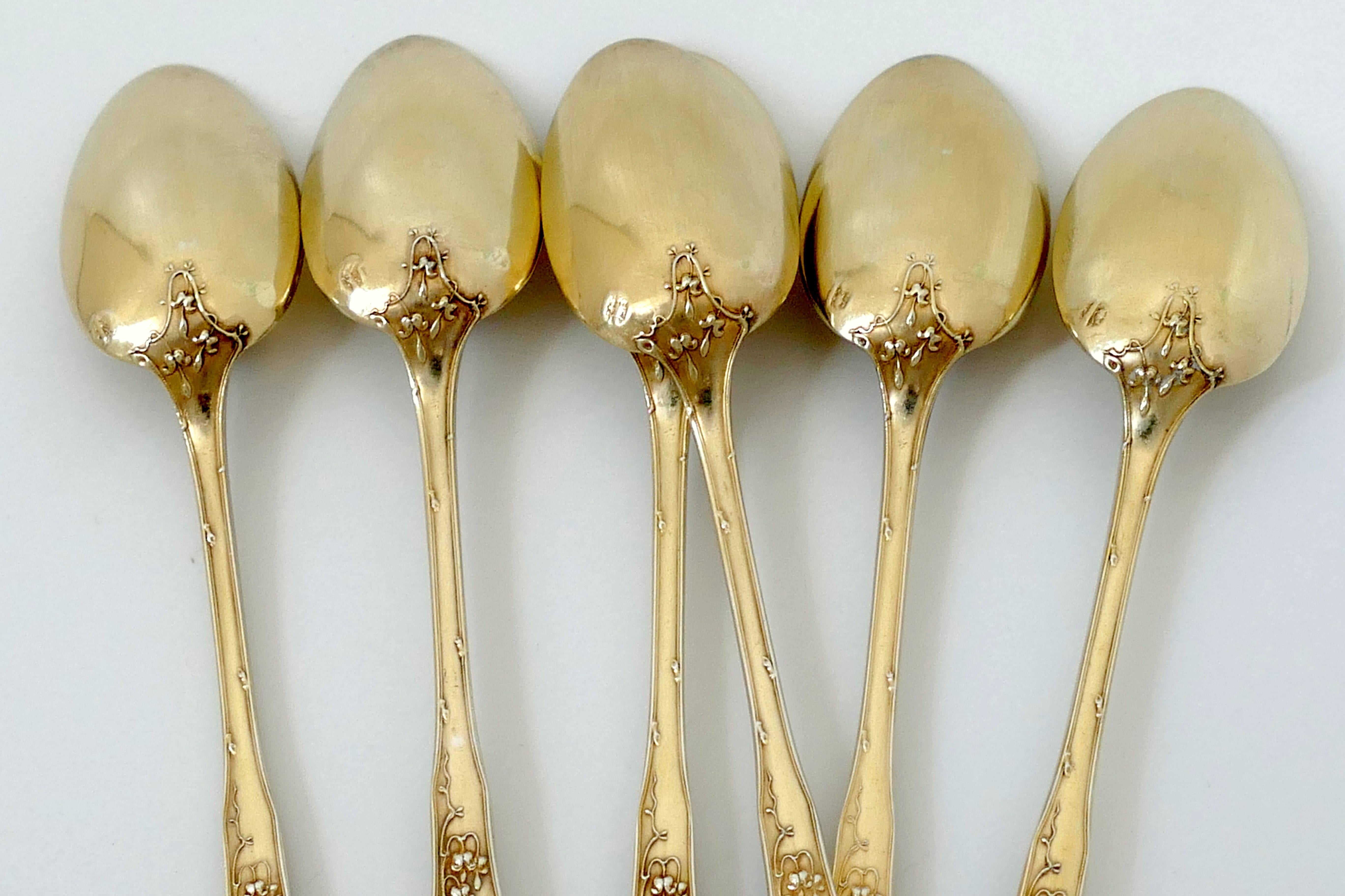 Late 19th Century Soufflot French Sterling Silver 18k Gold Tea Coffee Spoons Set 6 Pc, Thrush, Box
