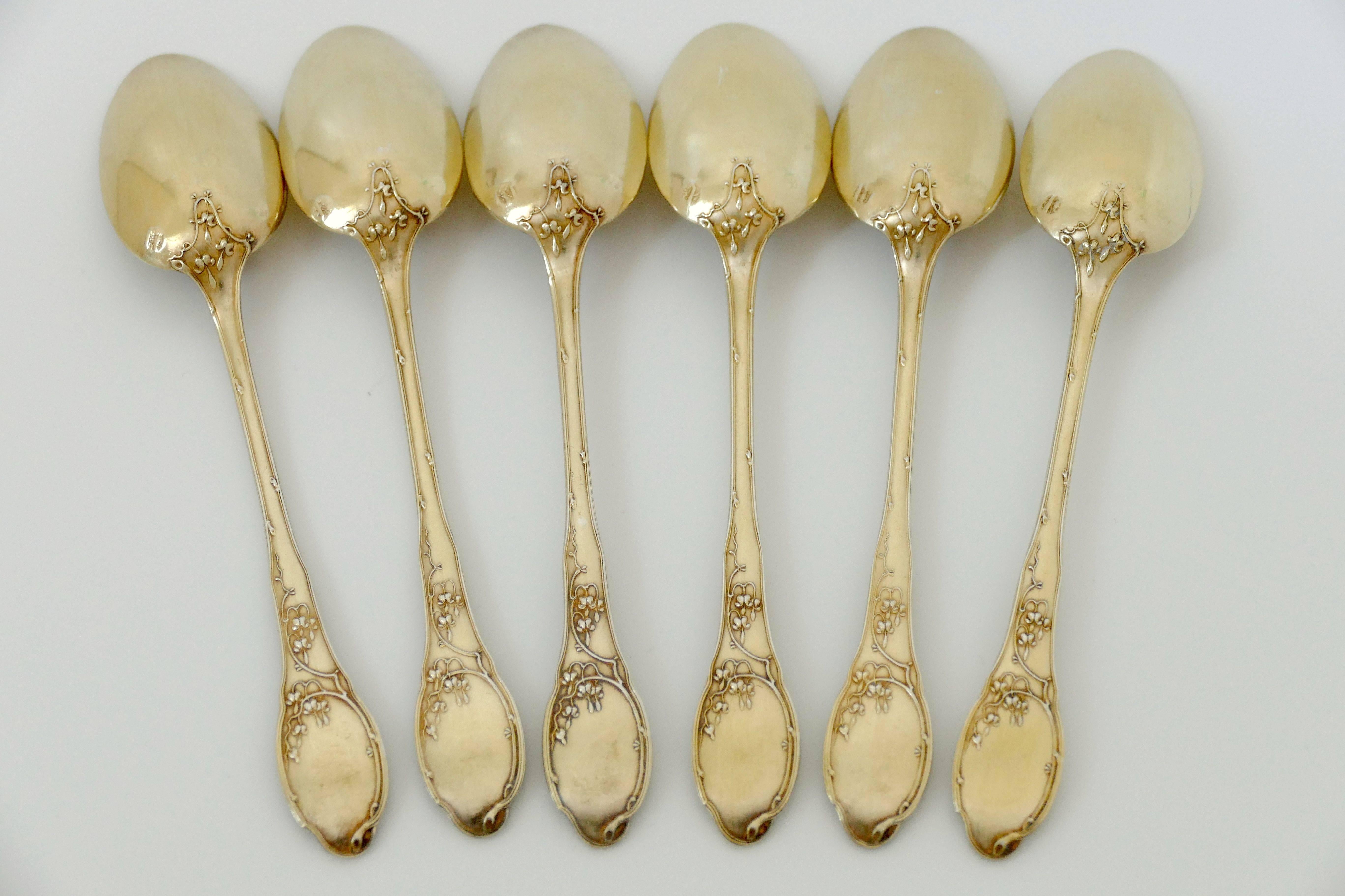 Art Nouveau Soufflot French Sterling Silver 18k Gold Tea Coffee Spoons Set 6 Pc, Thrush, Box