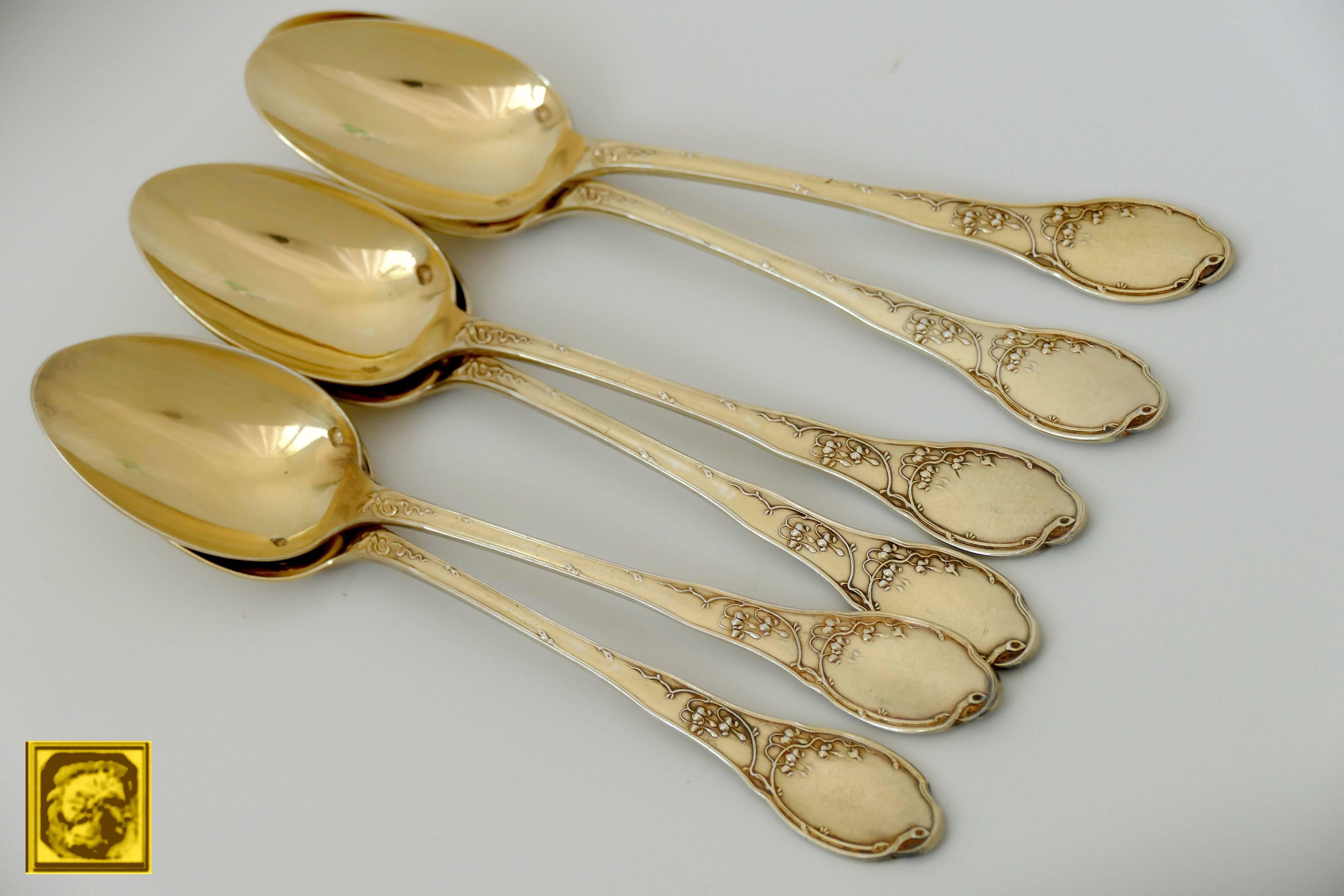 Soufflot French Sterling Silver 18k Gold Tea Coffee Spoons Set 6 Pc, Thrush, Box 3
