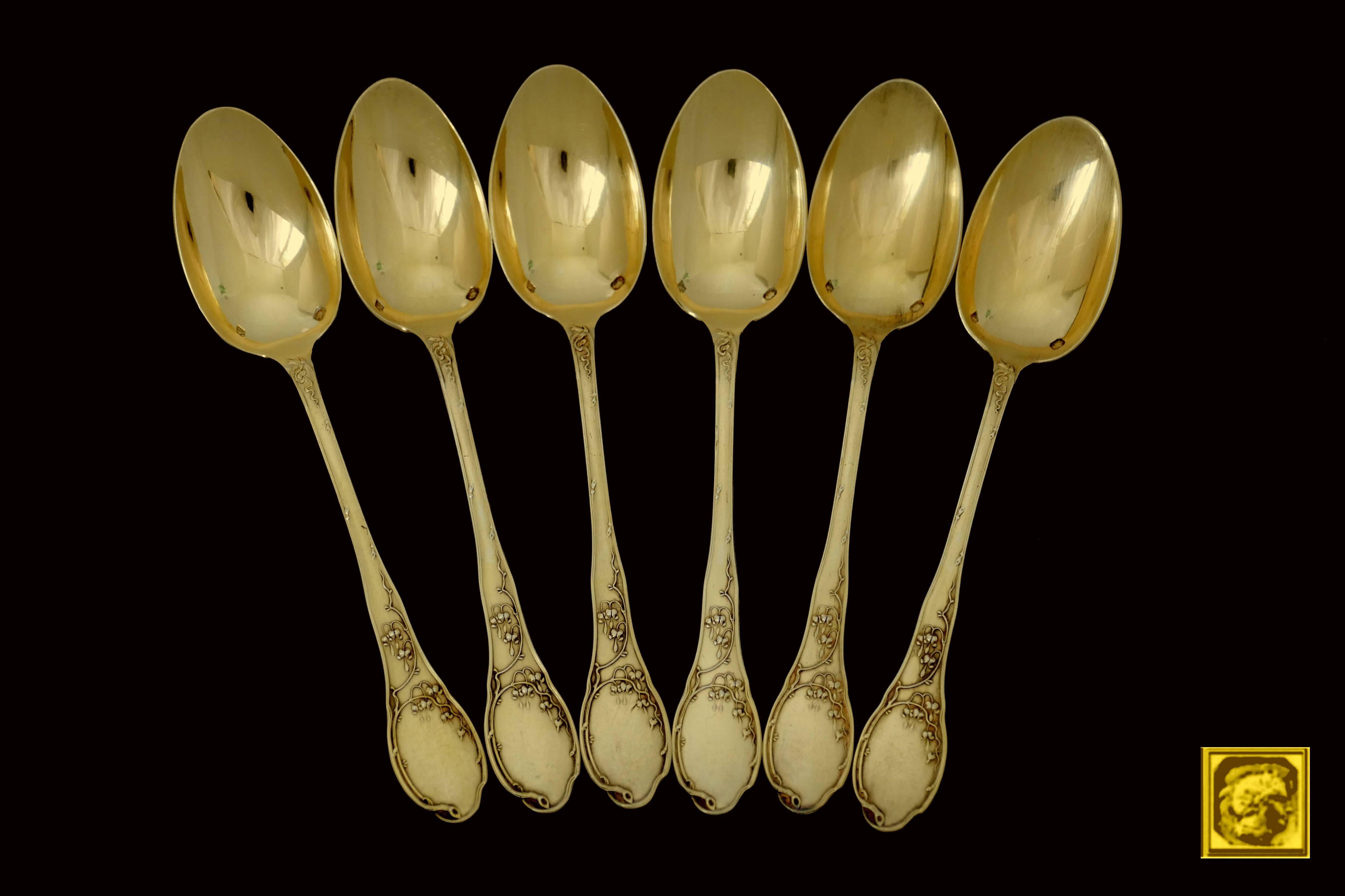 Soufflot French Sterling Silver 18k Gold Tea Coffee Spoons Set 6 Pc, Thrush, Box 2