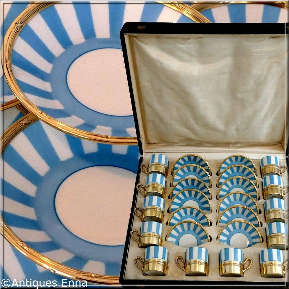French Sterling Silver 18-Karat Gold Sevres Porcelain Coffee Cups, Saucers, Box 4