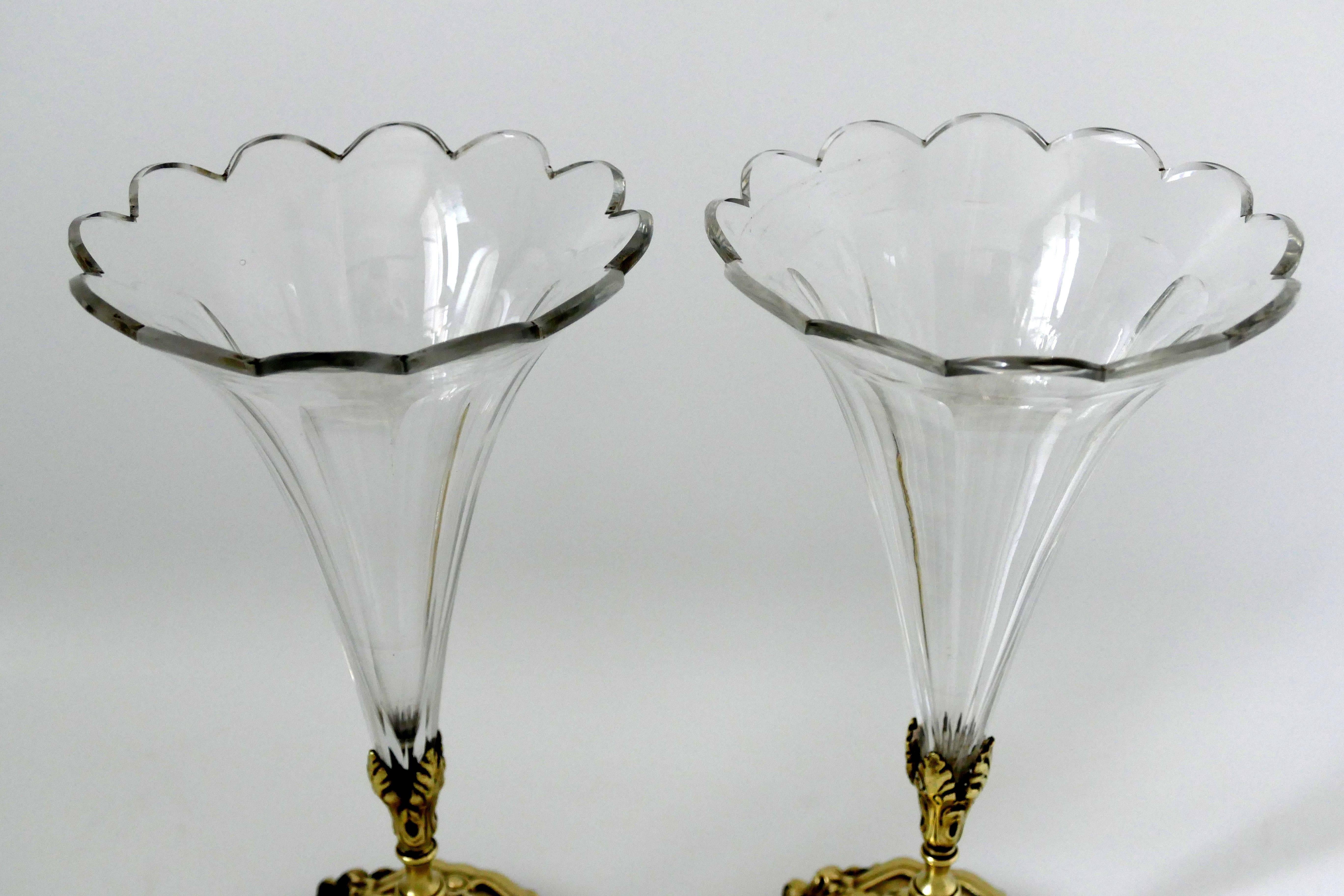 Pair of Antique French Crystal Trumpet and Bronze Vases For Sale 3