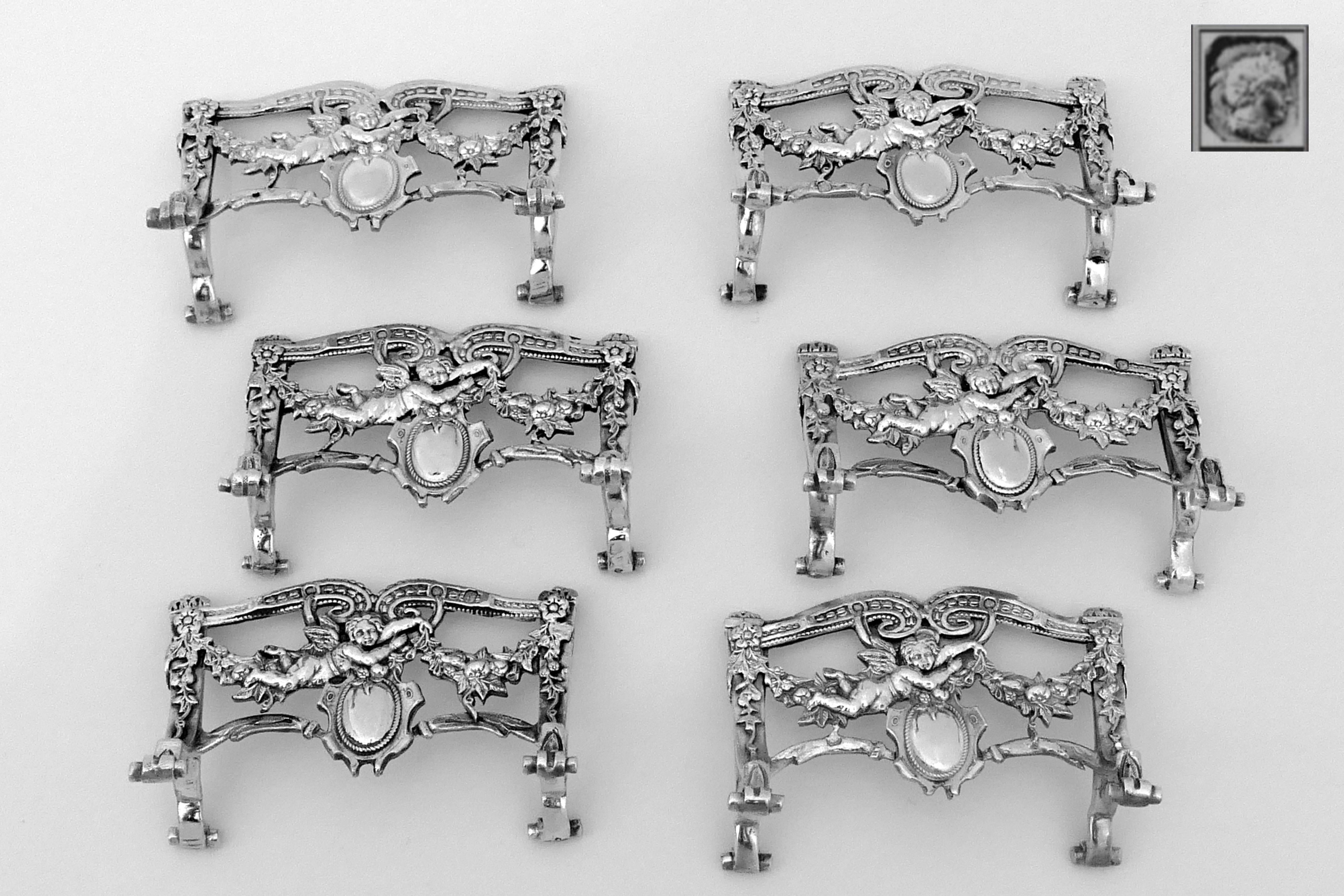 Rare French All Sterling Silver Menu, Place, Name Holders Six Pieces Box, Cherub 3