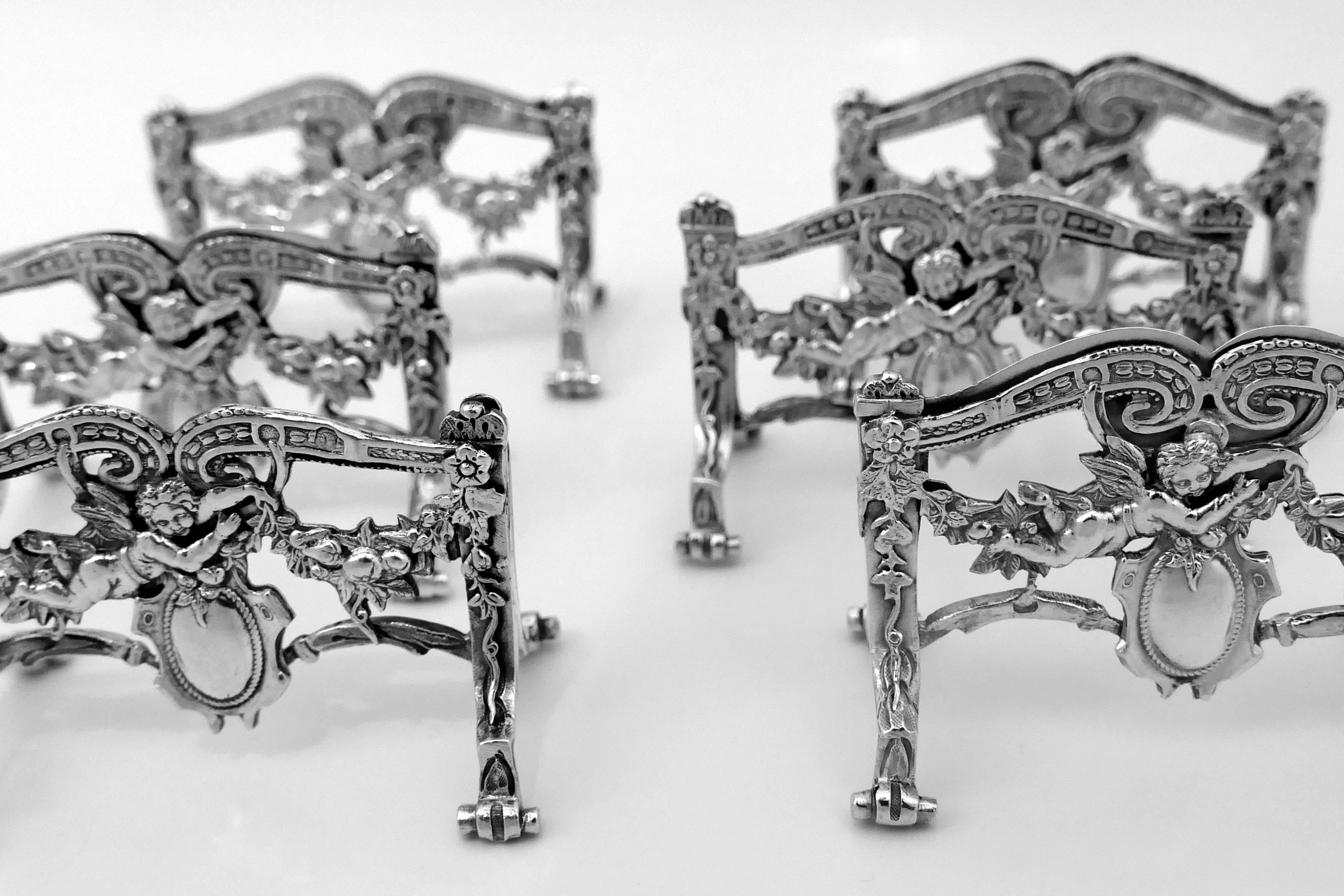 Late 19th Century Rare French All Sterling Silver Menu, Place, Name Holders Six Pieces Box, Cherub