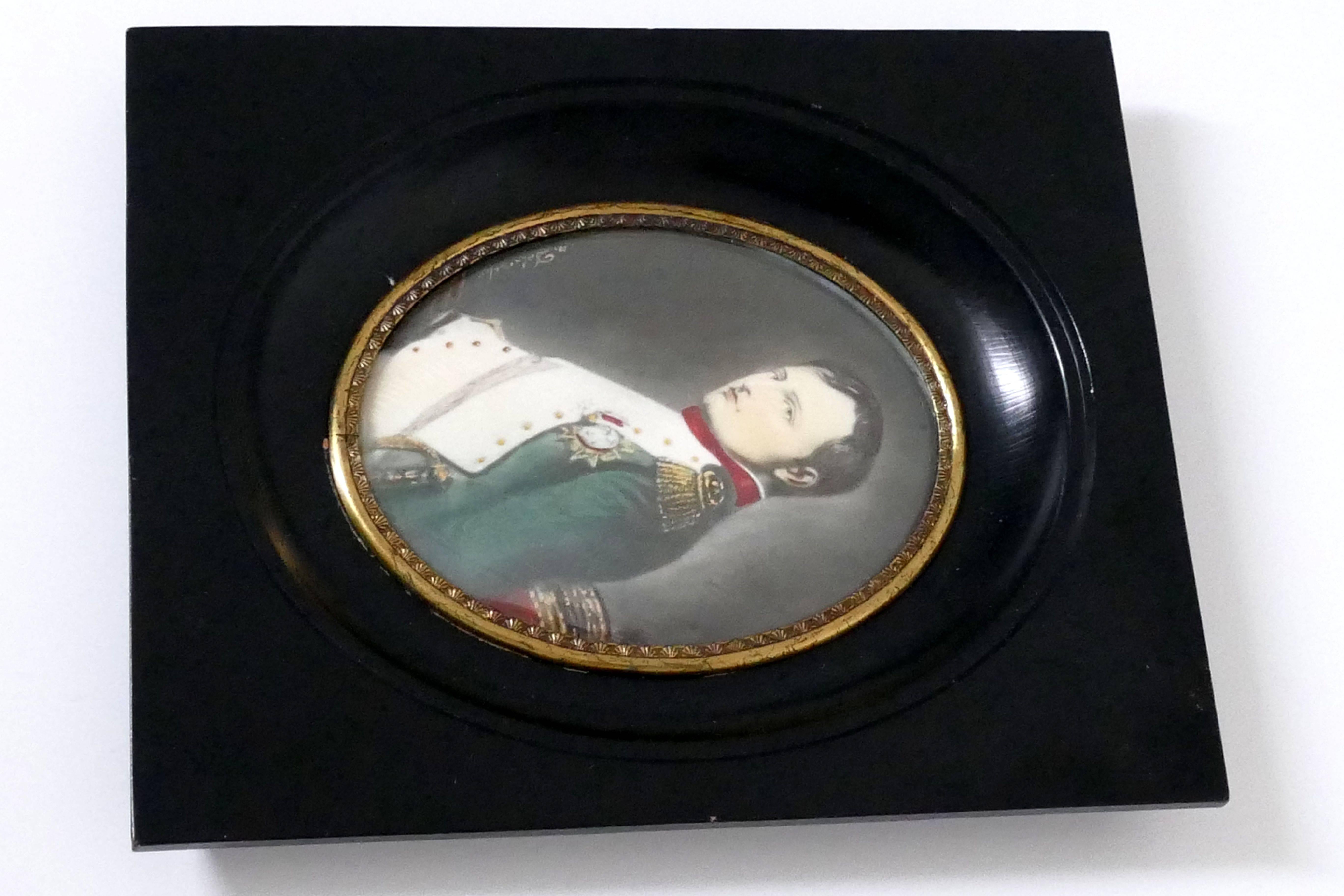 Mid-19th Century Antique French Miniature Painting Signed, Portrait Napoleon Bonaparte