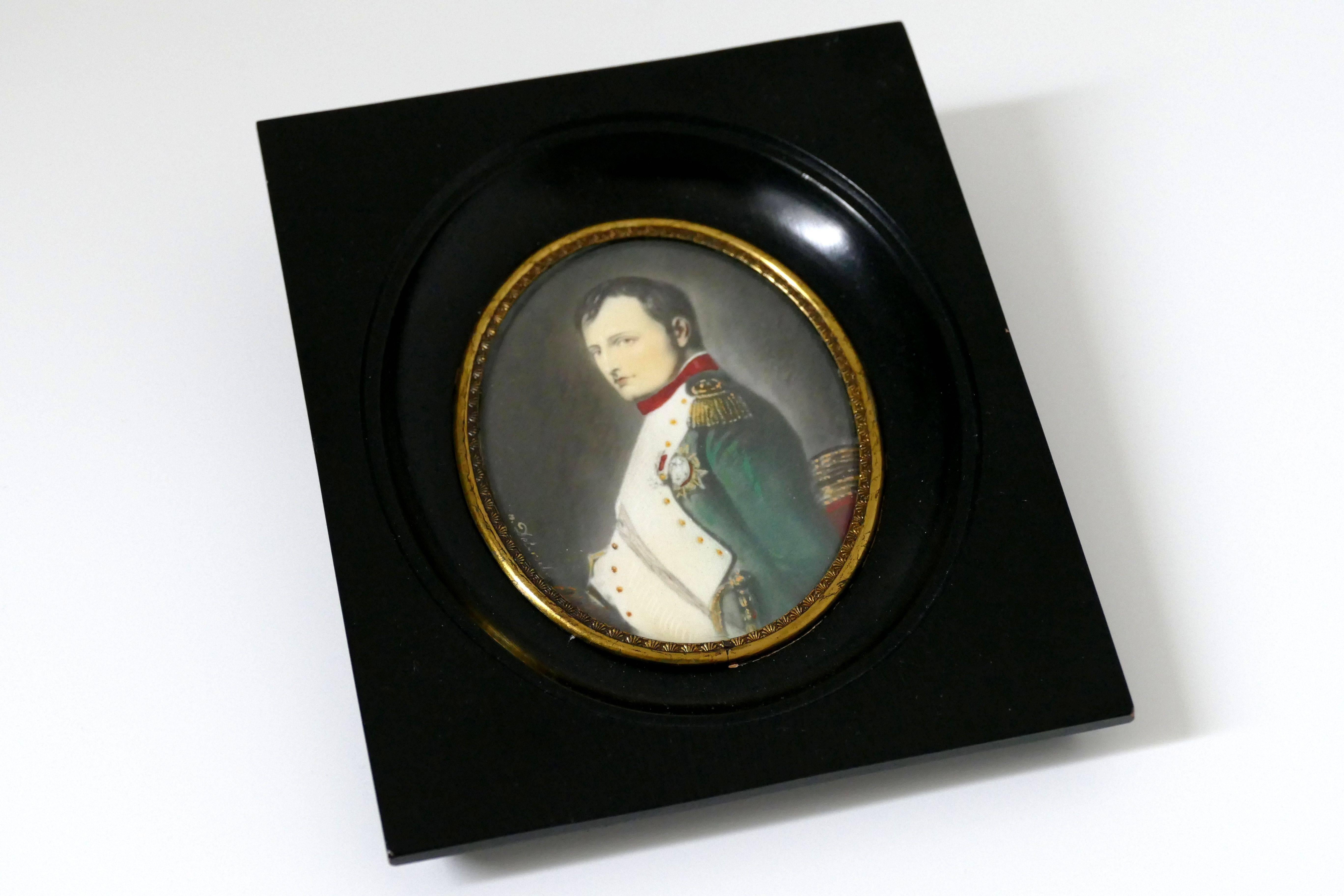 Empire Antique French Miniature Painting Signed, Portrait Napoleon Bonaparte