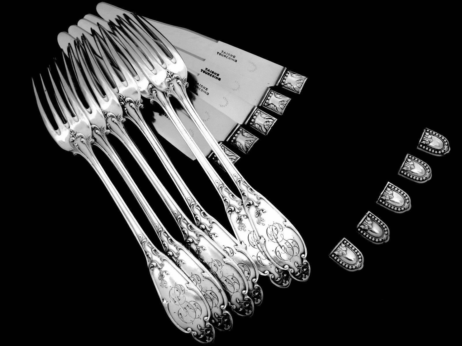 Henin Gorgeous French Sterling Silver Dinner Flatware Set 24 Pieces Flowers In Good Condition For Sale In TRIAIZE, PAYS DE LOIRE