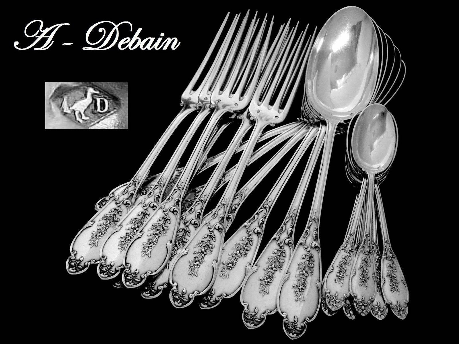 Forks, spoons and tea spoons have Head of Minerve 1st titre for 950/1000 French sterling silver guarantee

This set consists of a four pieces place setting for six with: six sterling silver dinner forks, six sterling silver dinner spoons, six tea or