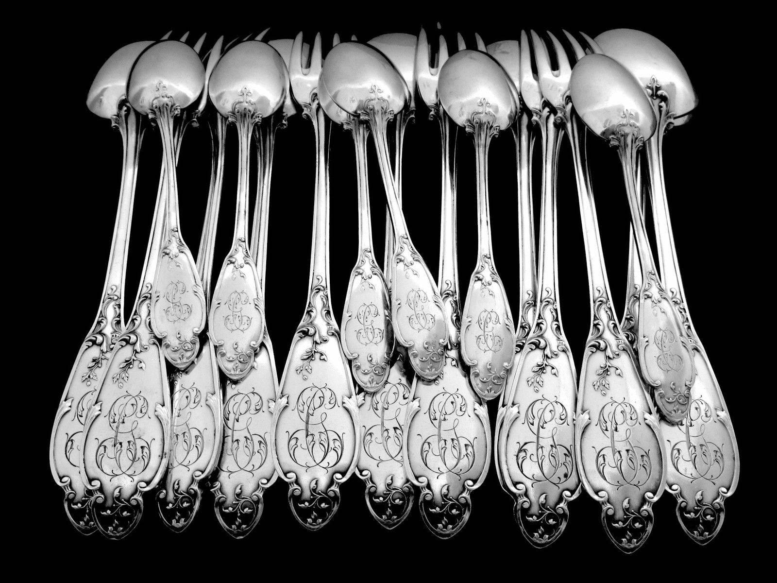 Henin Gorgeous French Sterling Silver Dinner Flatware Set 24 Pieces Flowers For Sale 1