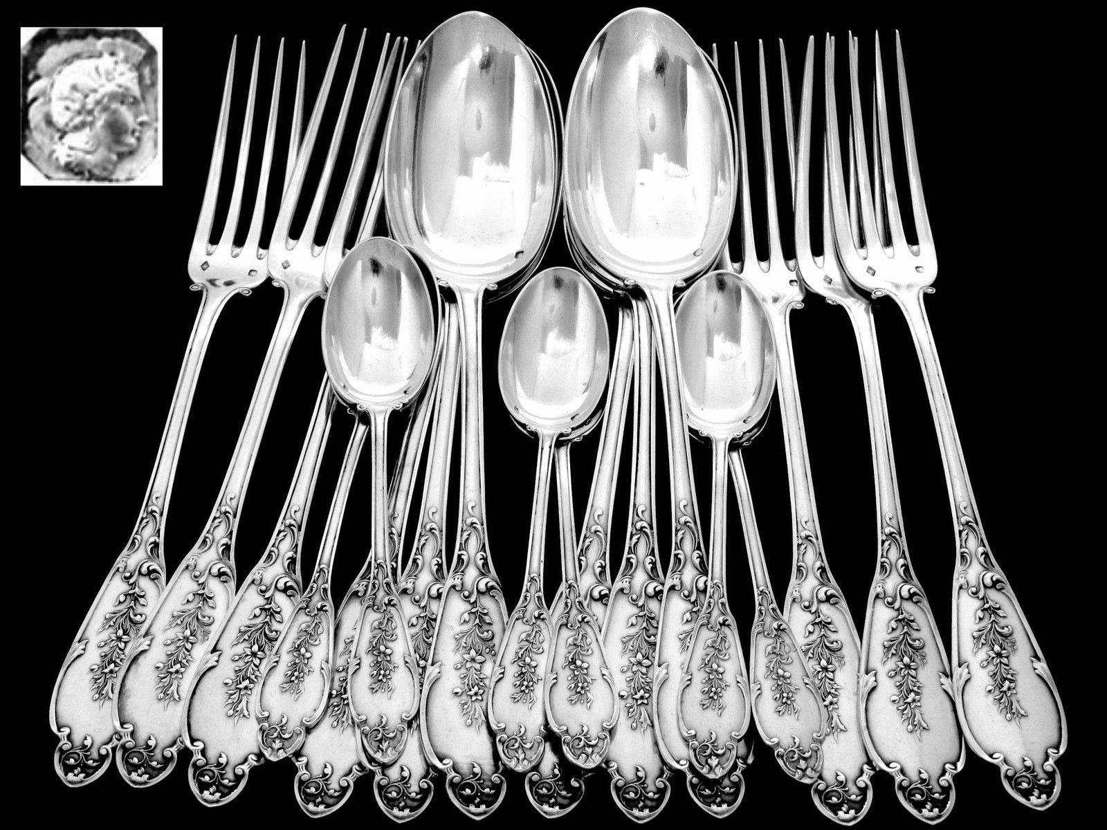 Late 19th Century Henin Gorgeous French Sterling Silver Dinner Flatware Set 24 Pieces Flowers For Sale